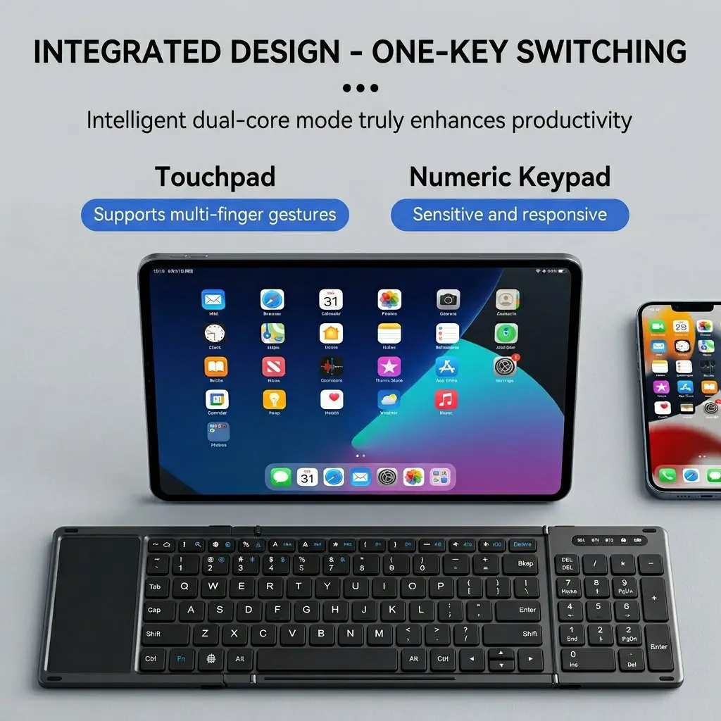 Premium Tri-Fold Wireless Bluetooth Keyboard with Integrated Touchpad & Numpad 38 a049 06