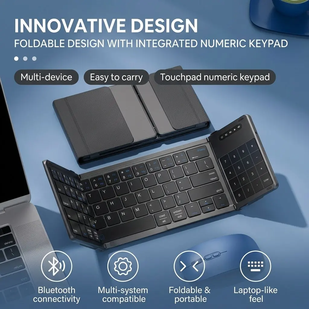 Premium Tri-Fold Wireless Bluetooth Keyboard with Integrated Touchpad & Numpad 39 a049 07