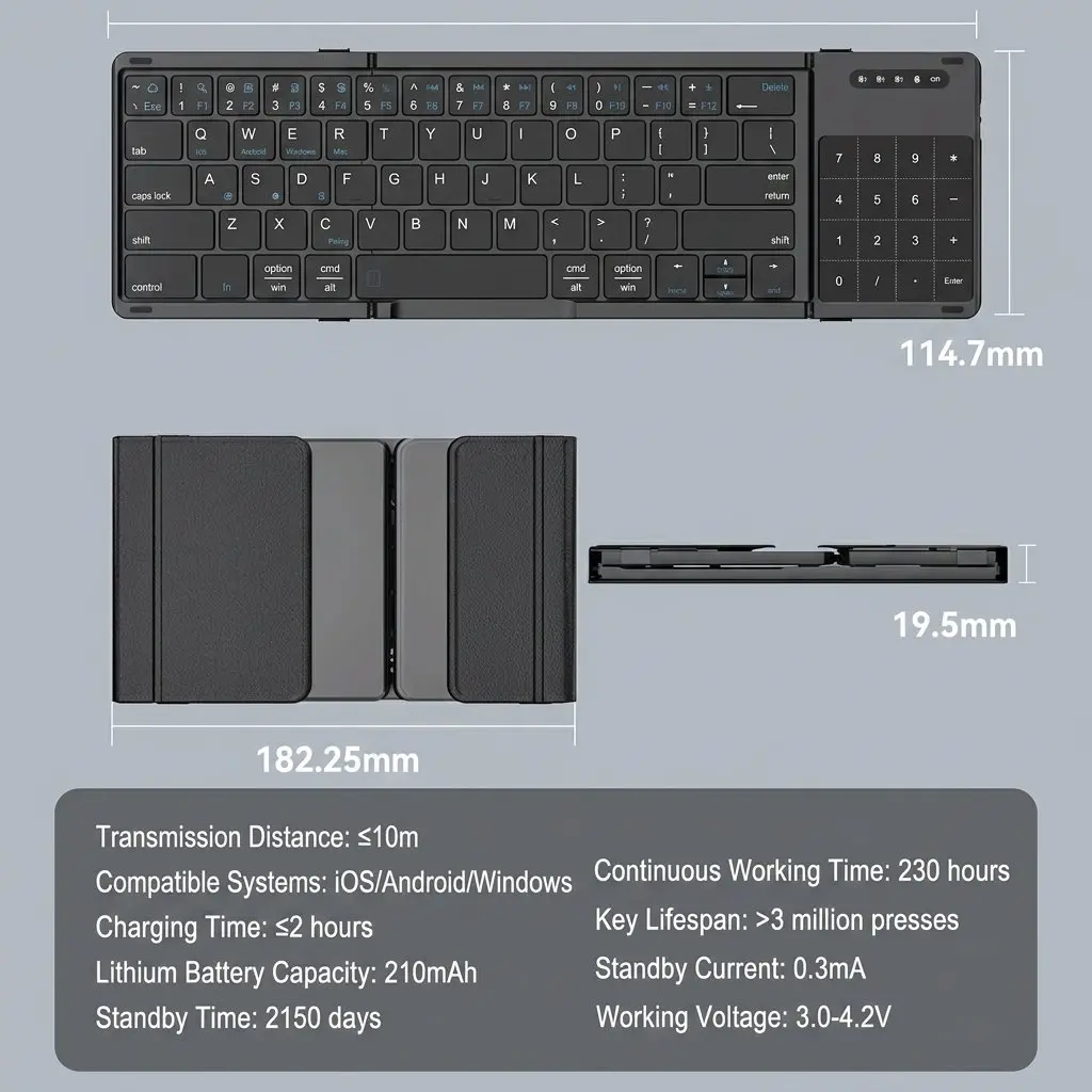 Premium Tri-Fold Wireless Bluetooth Keyboard with Integrated Touchpad & Numpad 42 a049 10