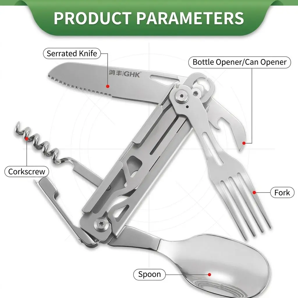 TrailSet Stainless Steel Camping Cutlery – Folding Knife Fork Spoon, Multi-Function Outdoor Utensil Set 7 Product parameters infographic with all tools labeled