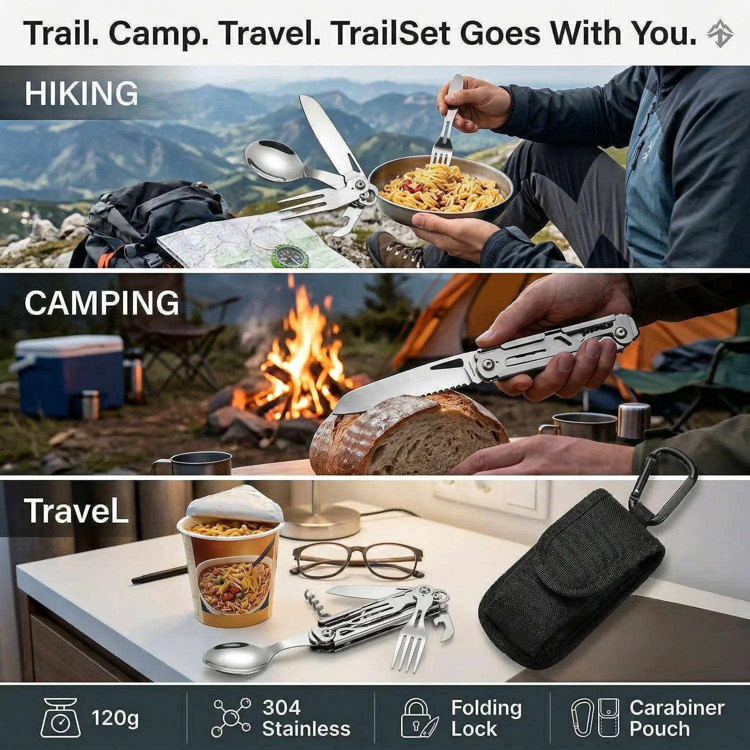 TrailSet Stainless Steel Camping Cutlery – Folding Knife Fork Spoon, Multi-Function Outdoor Utensil Set 5 Hiking, Camping, Travel lifestyle three-panel