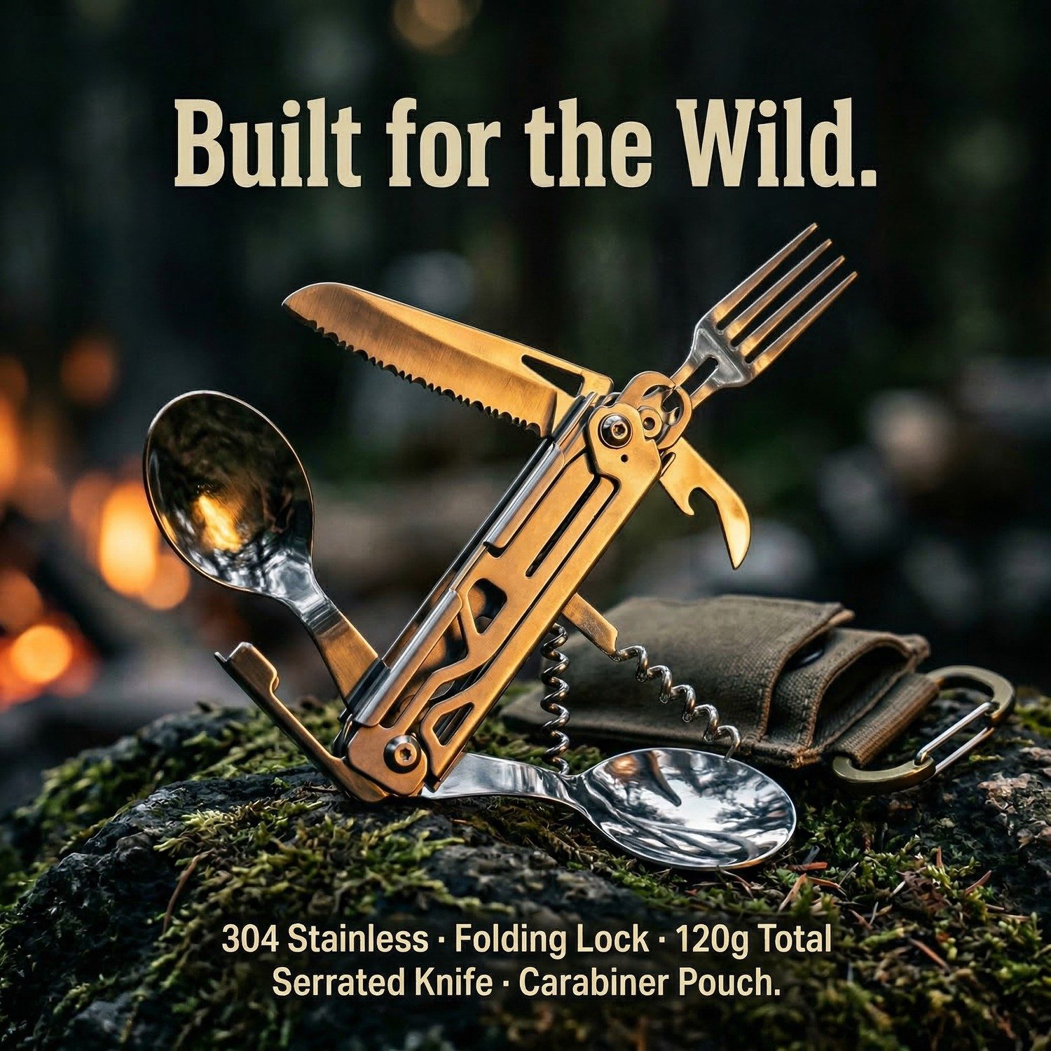 TrailSet Stainless Camping Cutlery - folding knife fork spoon carry case lightweight