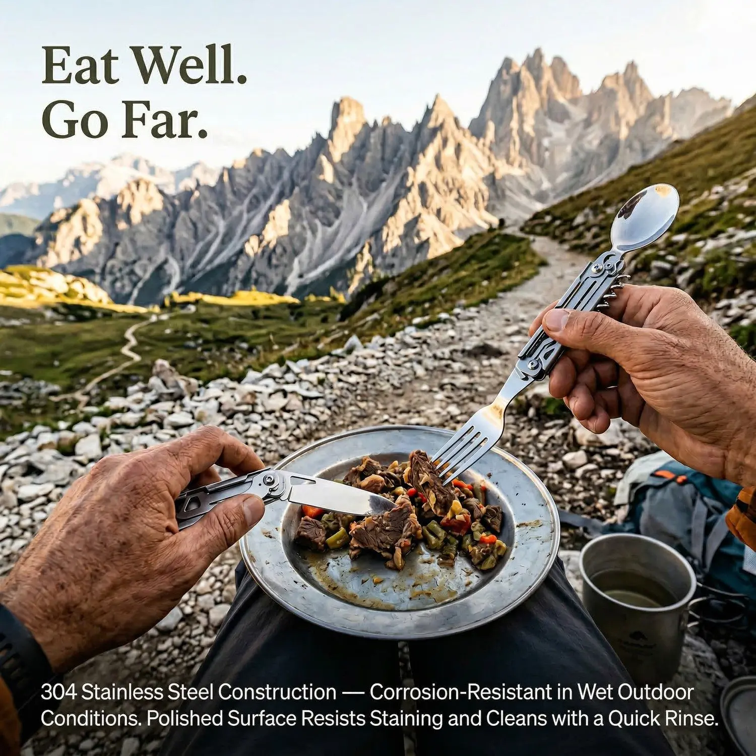 TrailSet Stainless Steel Camping Cutlery – Folding Knife Fork Spoon, Multi-Function Outdoor Utensil Set 9 Eat Well. Go Far. – mountain hiking lifestyle