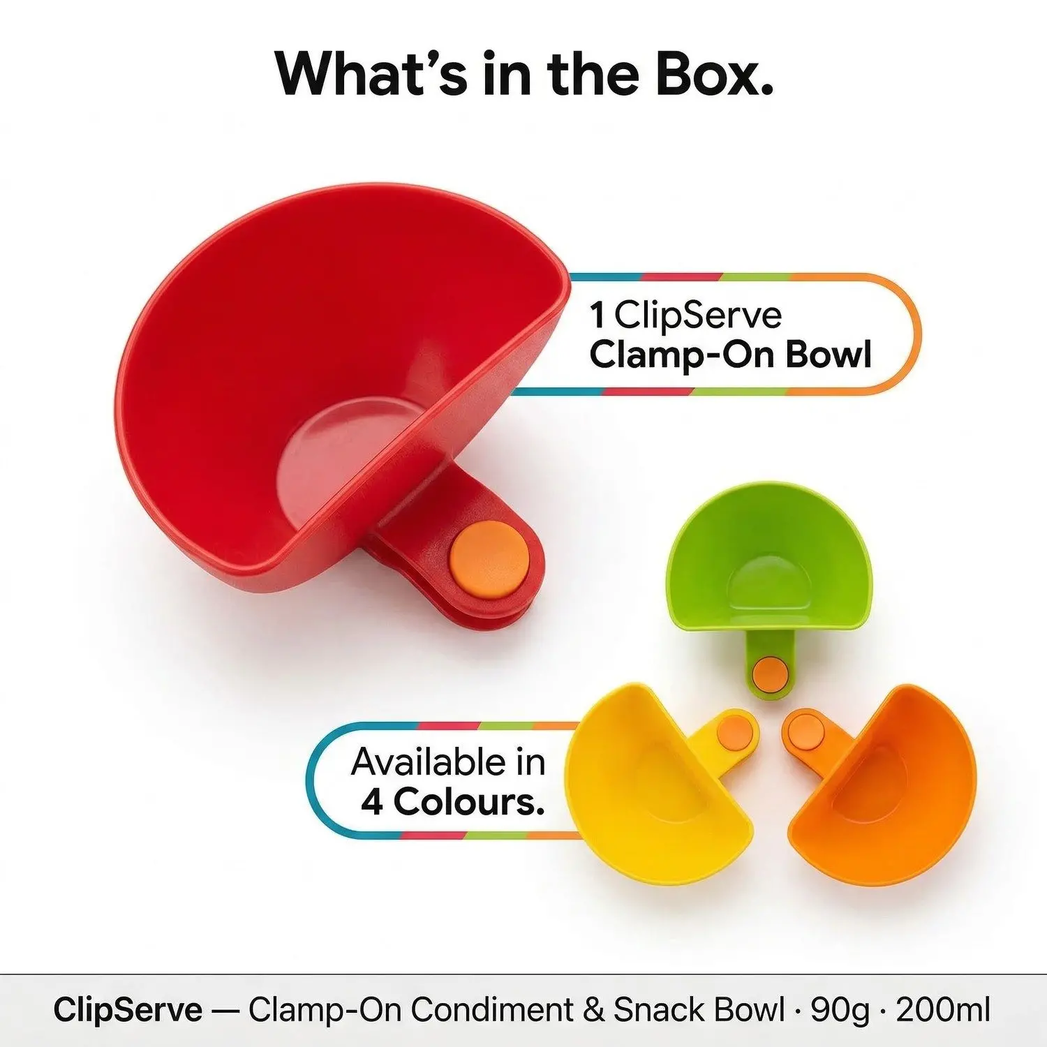 ClipServe Clamp-On Condiment & Snack Bowl – Multi-Use Clip-Attached Serving Dish, Kitchen & Dining 6 What's in the Box - ClipServe 4 Colours