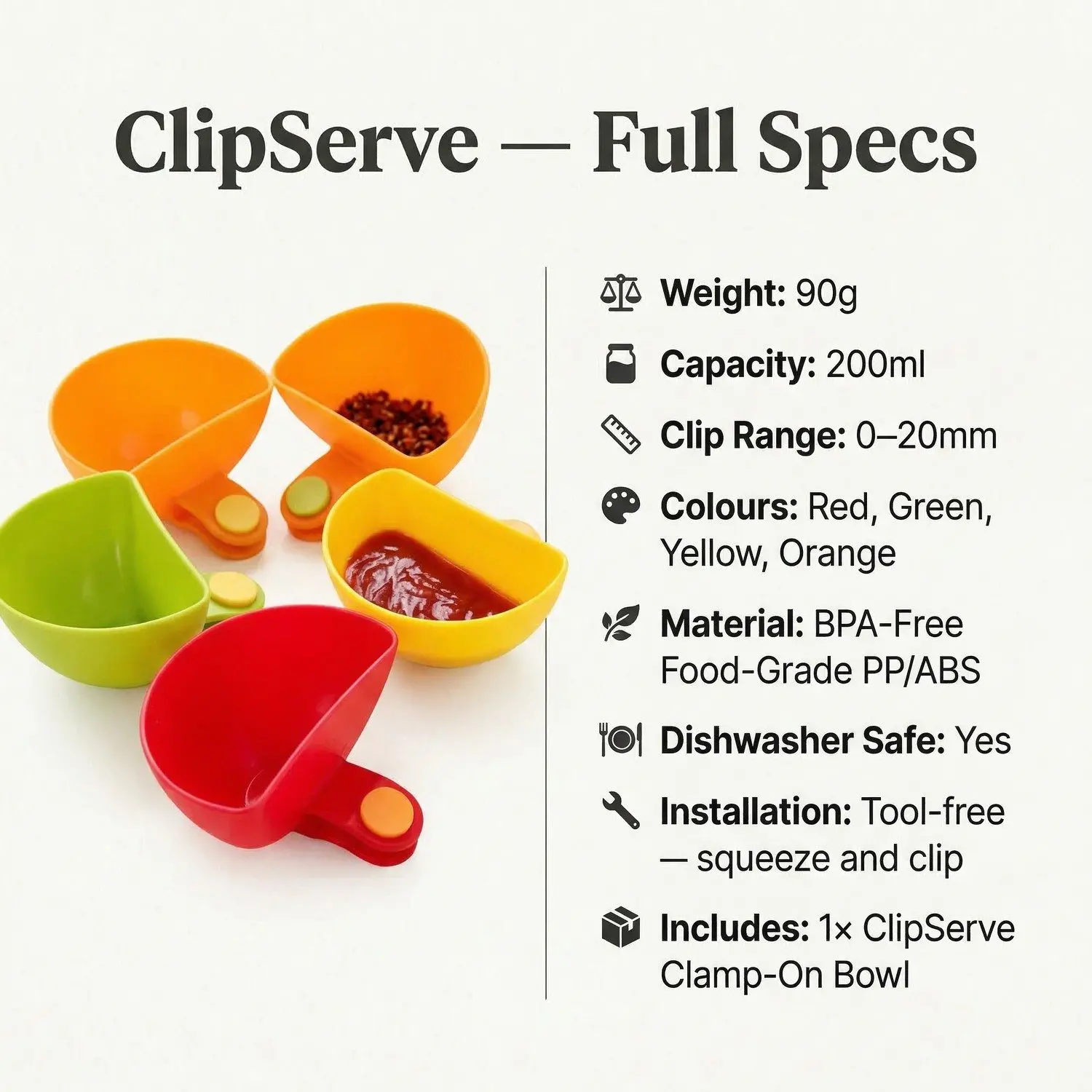 ClipServe Clamp-On Condiment & Snack Bowl – Multi-Use Clip-Attached Serving Dish, Kitchen & Dining 5 ClipServe Full Specifications