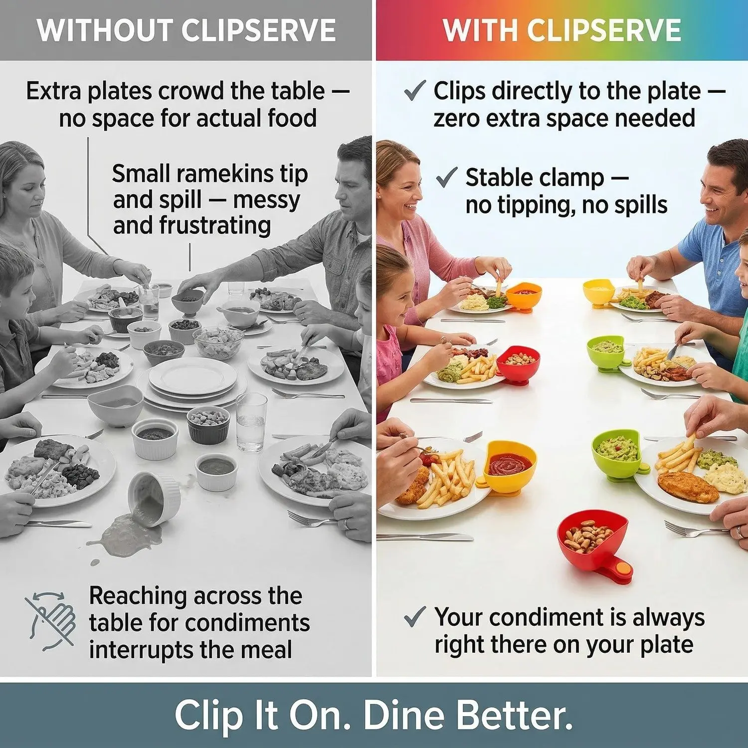 ClipServe Clamp-On Condiment & Snack Bowl – Multi-Use Clip-Attached Serving Dish, Kitchen & Dining 2 Without ClipServe vs With ClipServe Comparison