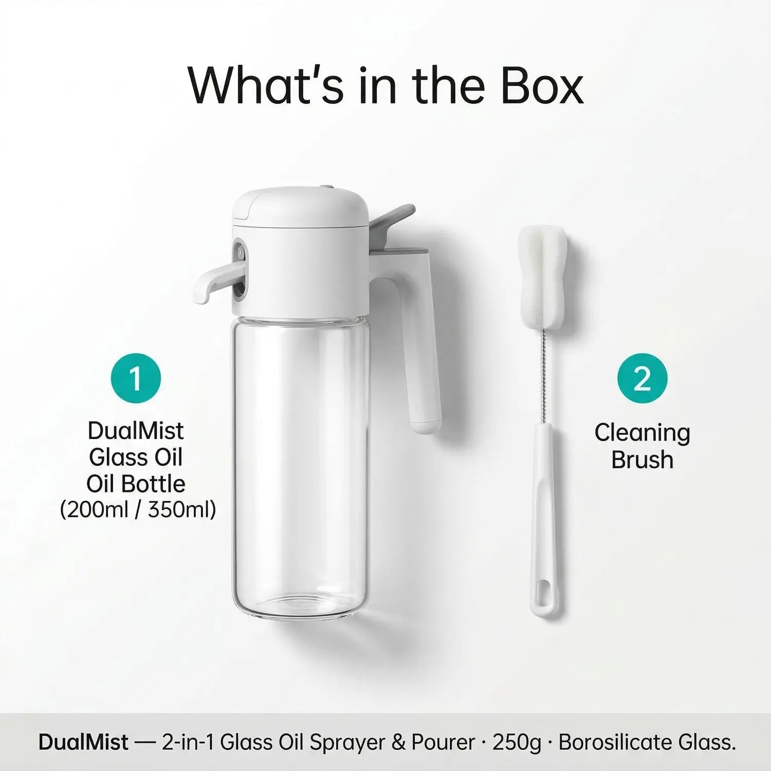 DualMist Glass Oil Sprayer & Pourer – Auto-Cap 2-in-1 Spray Drizzle, High-Borosilicate Kitchen Bottle 12 DualMist package contents