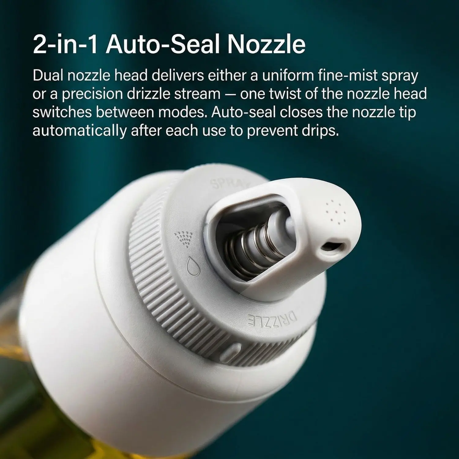 DualMist Glass Oil Sprayer & Pourer – Auto-Cap 2-in-1 Spray Drizzle, High-Borosilicate Kitchen Bottle 2 2-in-1 Auto-Seal Nozzle close-up