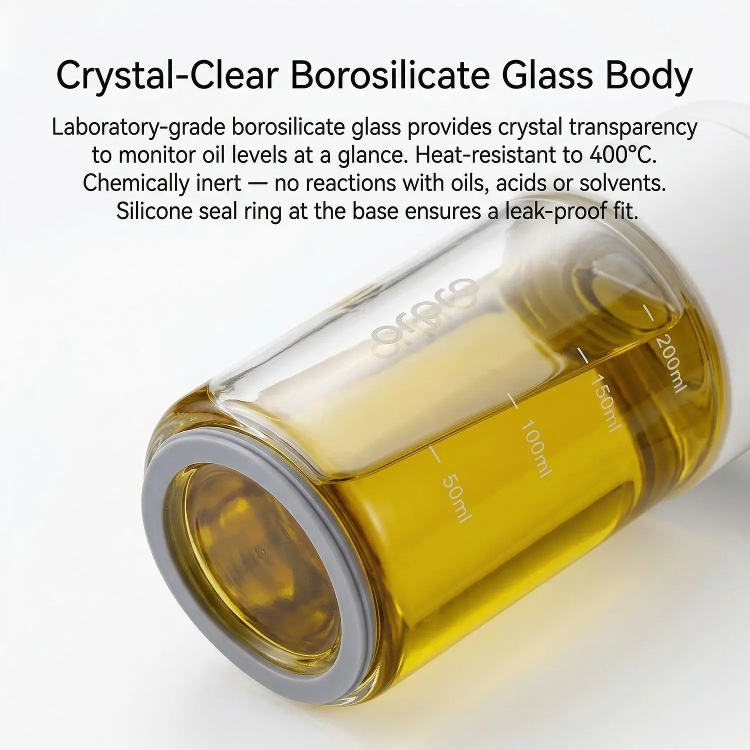 DualMist Glass Oil Sprayer & Pourer – Auto-Cap 2-in-1 Spray Drizzle, High-Borosilicate Kitchen Bottle 3 Borosilicate Glass Body close-up