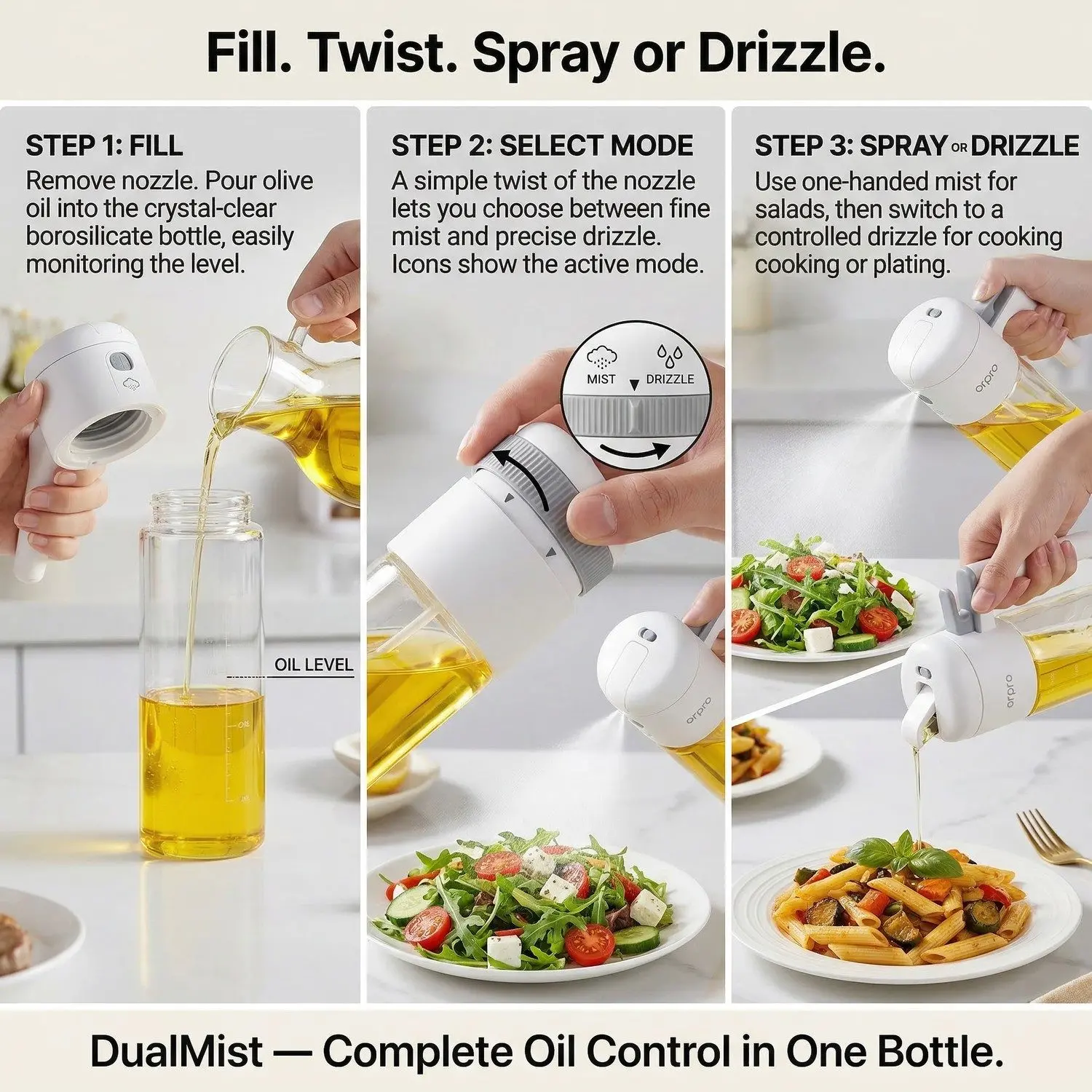 DualMist Glass Oil Sprayer & Pourer – Auto-Cap 2-in-1 Spray Drizzle, High-Borosilicate Kitchen Bottle 6 Fill, twist, spray or drizzle — 3 step guide