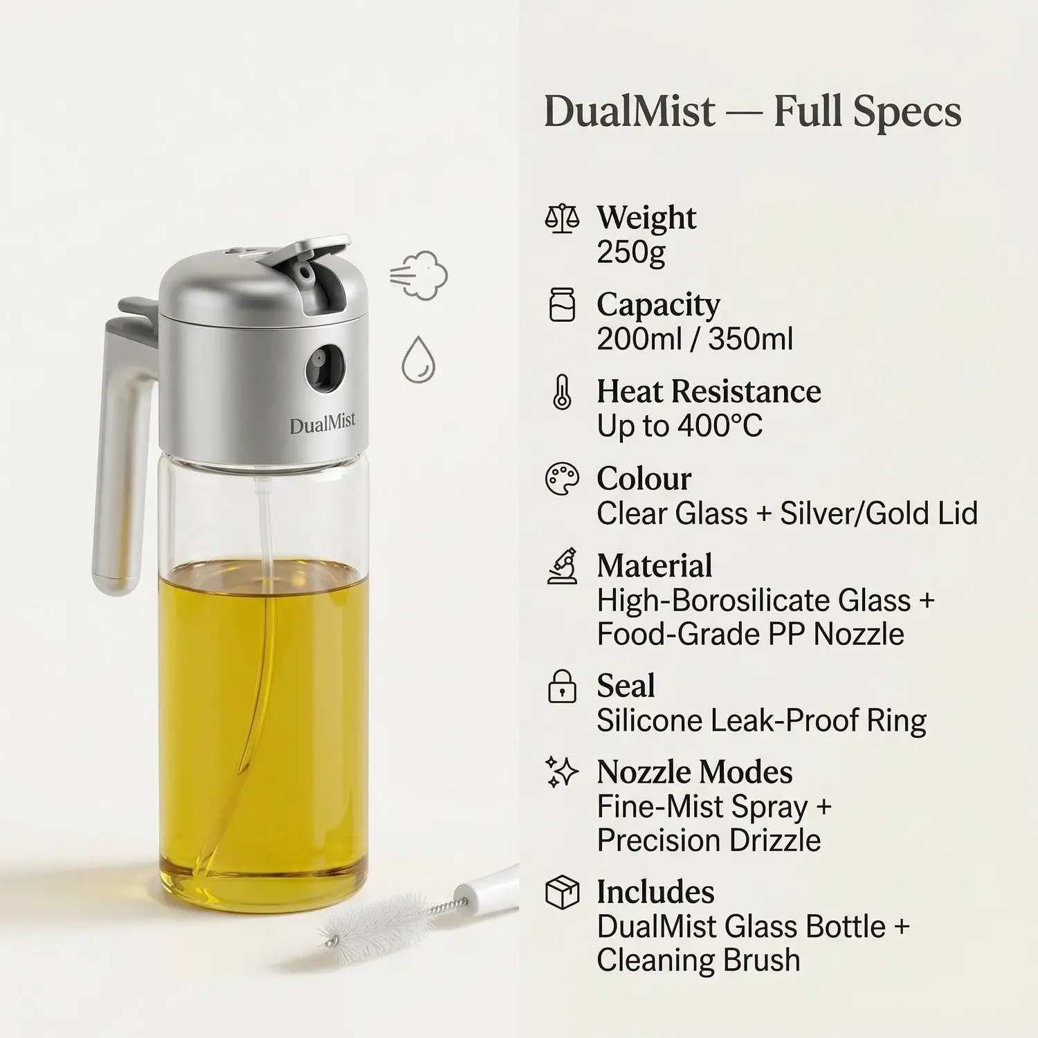 DualMist Glass Oil Sprayer & Pourer – Auto-Cap 2-in-1 Spray Drizzle, High-Borosilicate Kitchen Bottle 11 DualMist full specifications