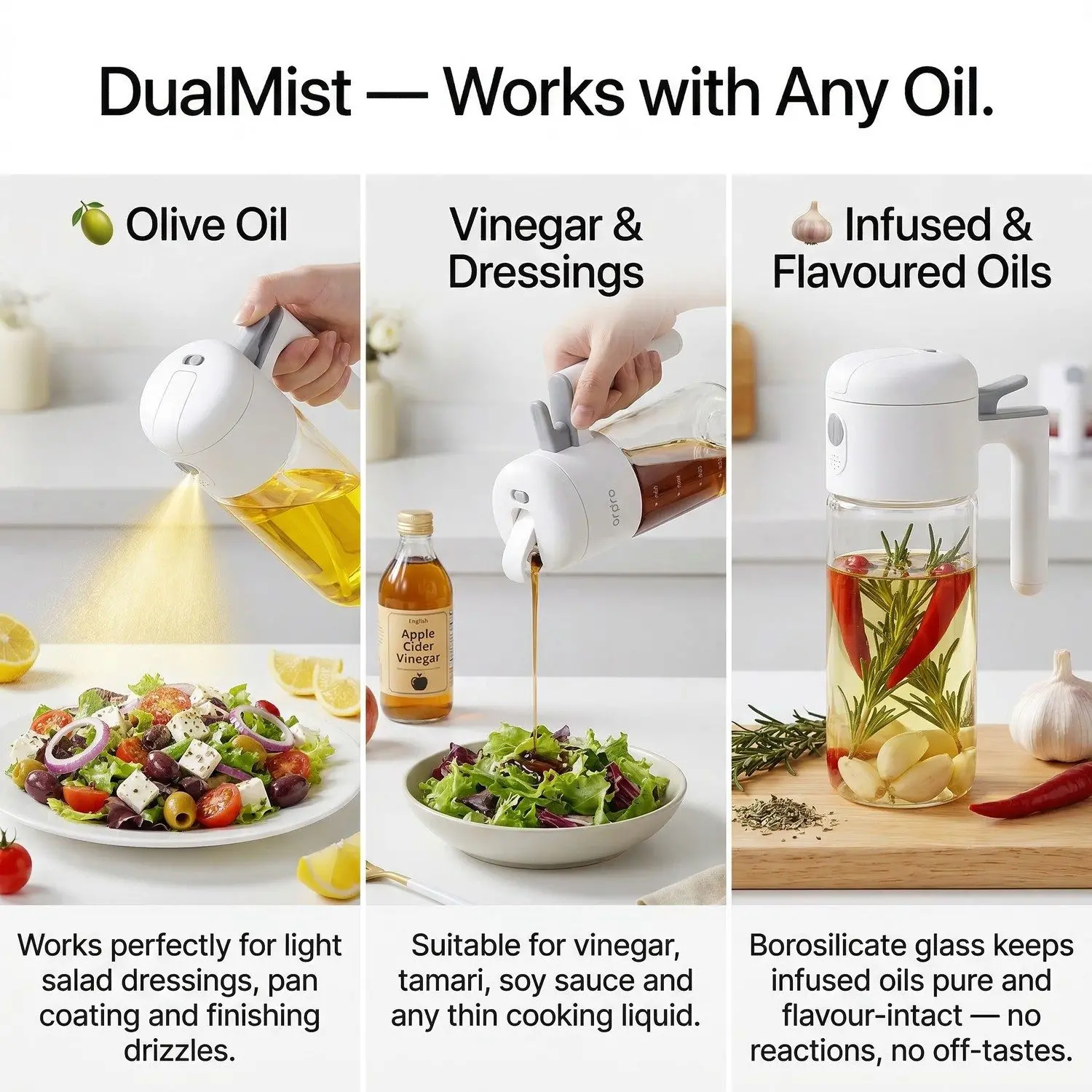 DualMist Glass Oil Sprayer & Pourer – Auto-Cap 2-in-1 Spray Drizzle, High-Borosilicate Kitchen Bottle 9 DualMist works with olive oil, vinegar and infused oils