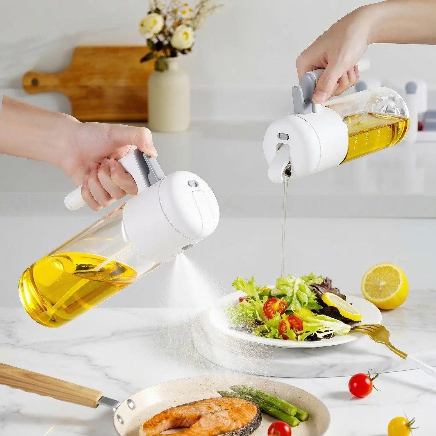 DualMist Glass Oil Sprayer & Pourer – Auto-Cap 2-in-1 Spray Drizzle, High-Borosilicate Kitchen Bottle 1 DualMist Oil Sprayer in action