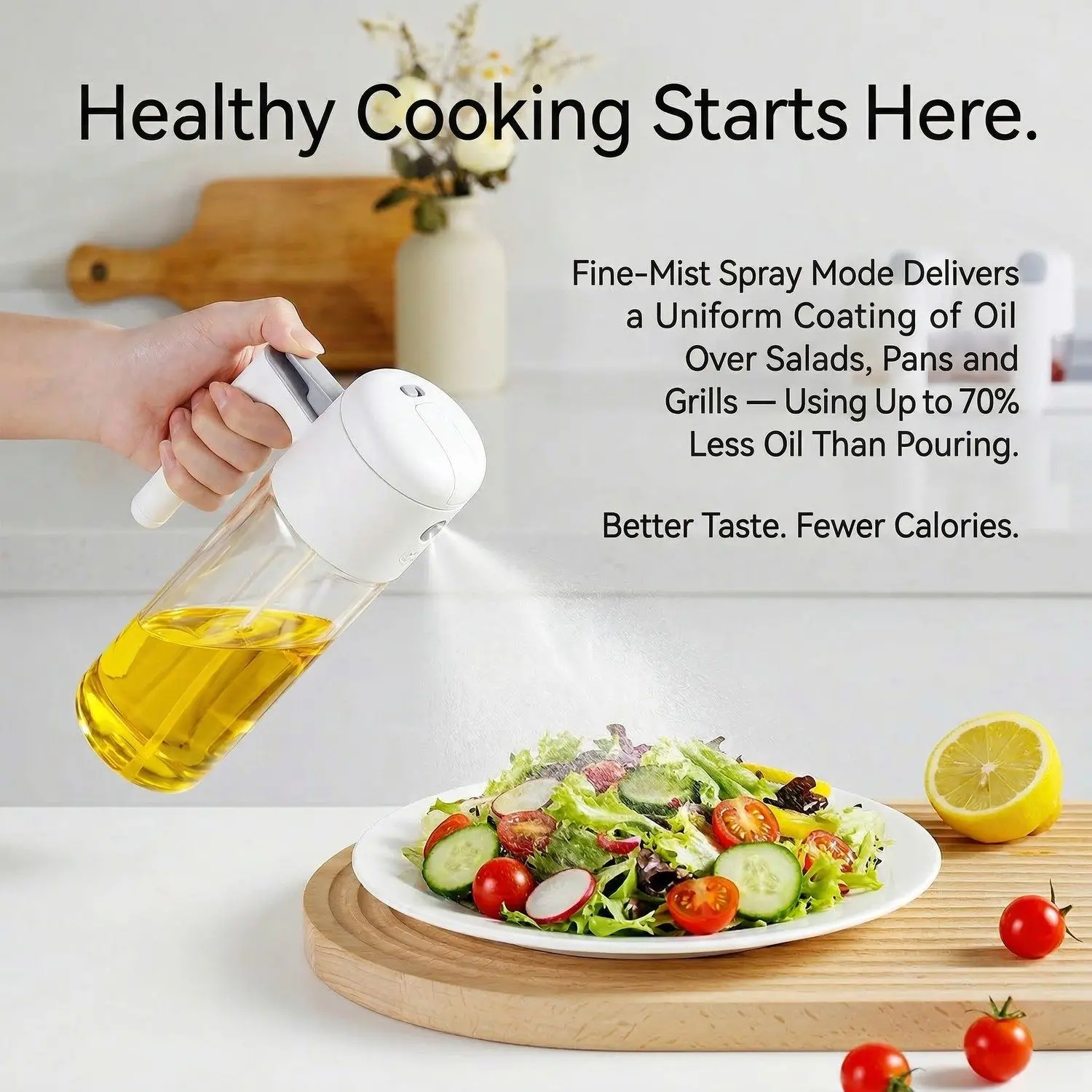 DualMist Glass Oil Sprayer & Pourer – Auto-Cap 2-in-1 Spray Drizzle, High-Borosilicate Kitchen Bottle 7 Healthy cooking with DualMist spray