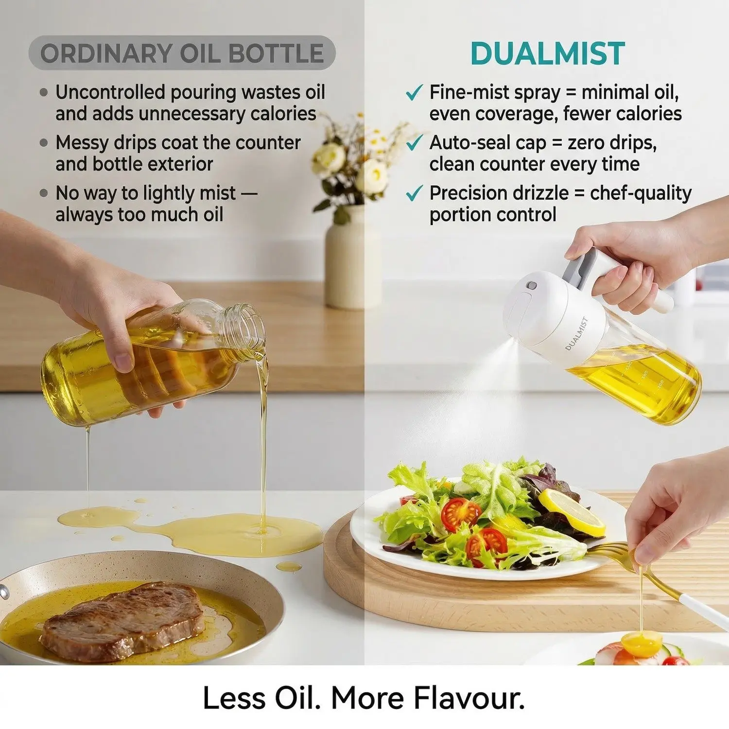 DualMist Glass Oil Sprayer & Pourer – Auto-Cap 2-in-1 Spray Drizzle, High-Borosilicate Kitchen Bottle 8 DualMist vs ordinary oil bottle comparison