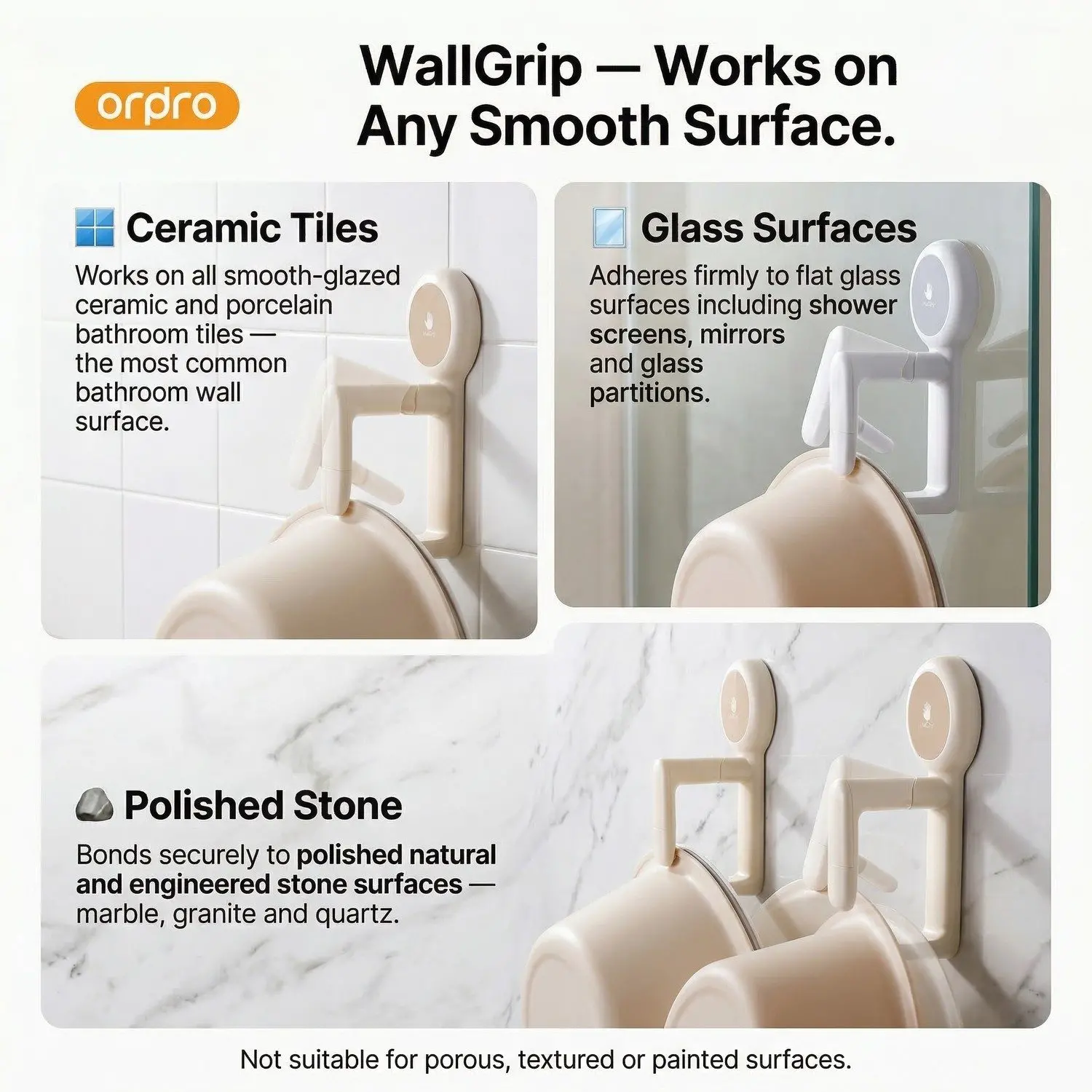 WallGrip Suction Basin & Towel Holder – No-Drill Punch-Free Wall Mount, Bathroom Storage Rack 6 WallGrip works on ceramic tiles, glass and polished stone