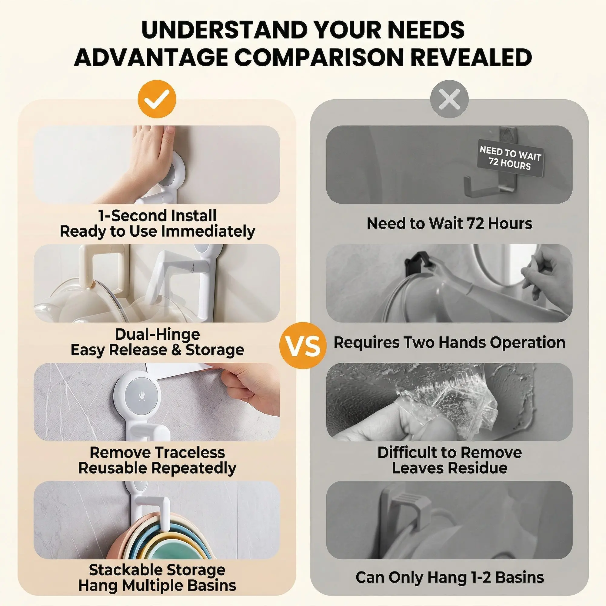 WallGrip Suction Basin & Towel Holder – No-Drill Punch-Free Wall Mount, Bathroom Storage Rack 8 WallGrip vs ordinary adhesive hook comparison
