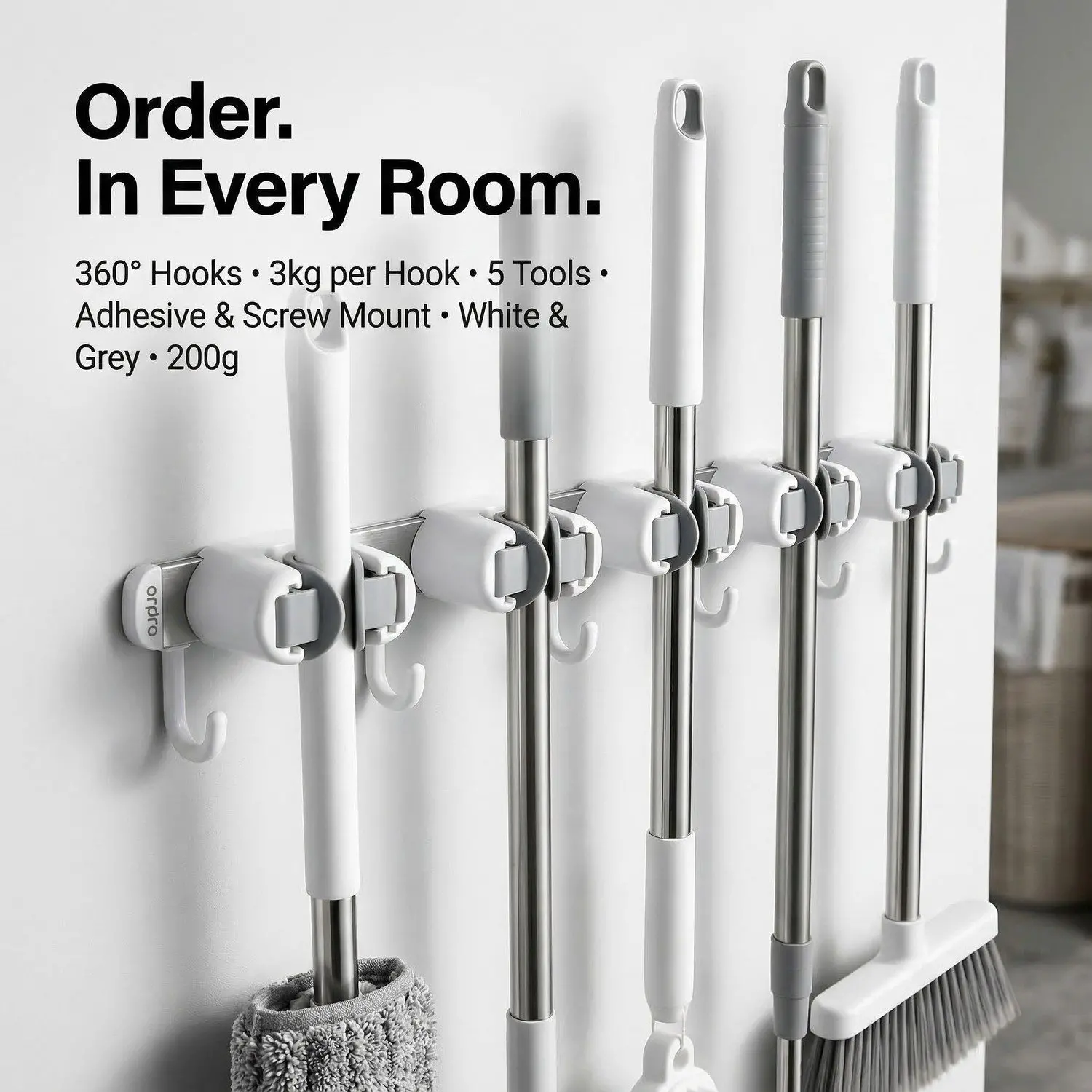 MultiHook Mop & Broom Wall Organizer – No-Drill Row Mount, Punch-Free Bathroom Storage Rail 6 MultiHook all tools on wall lifestyle