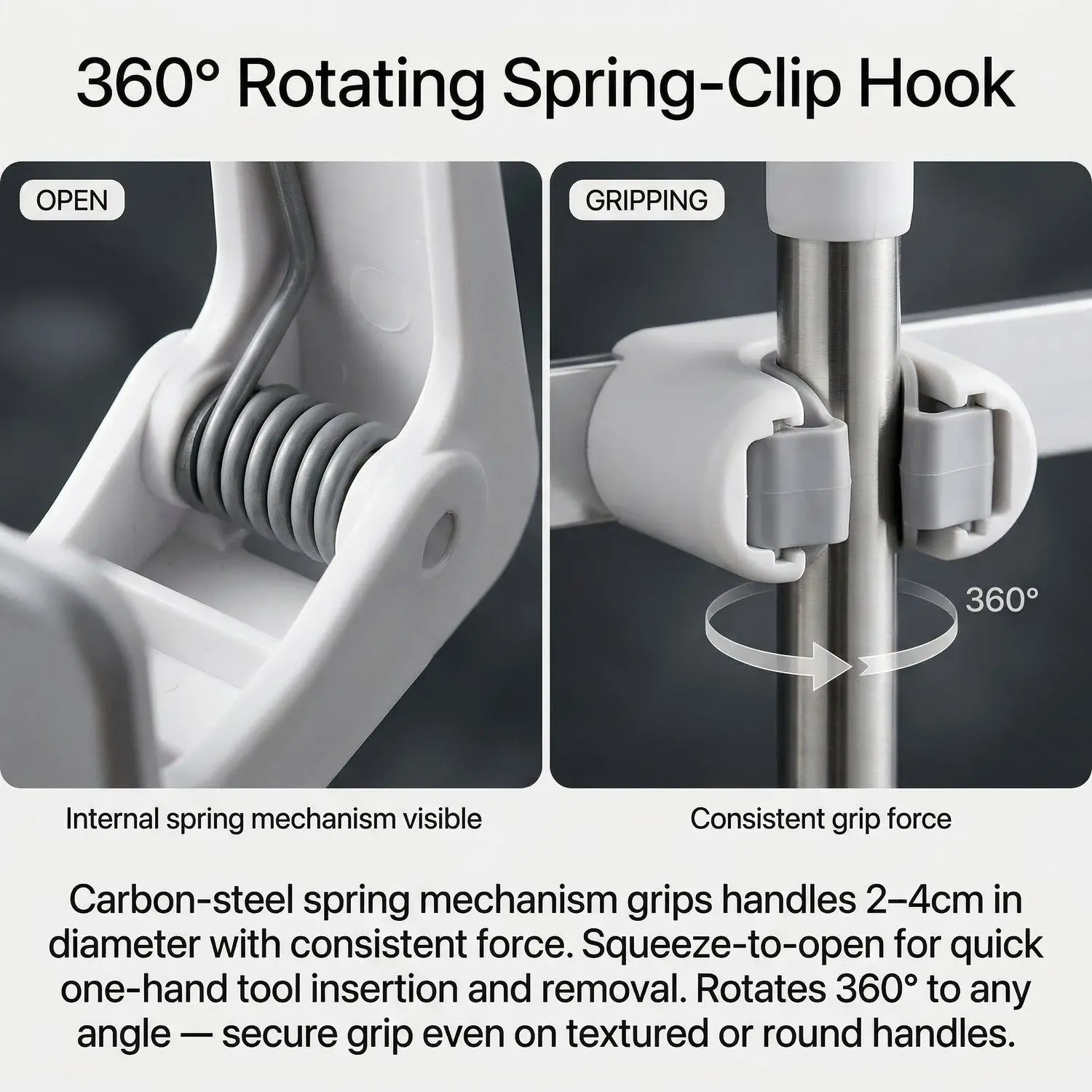 MultiHook Mop & Broom Wall Organizer – No-Drill Row Mount, Punch-Free Bathroom Storage Rail 2 360° Spring-Clip Hook close-up