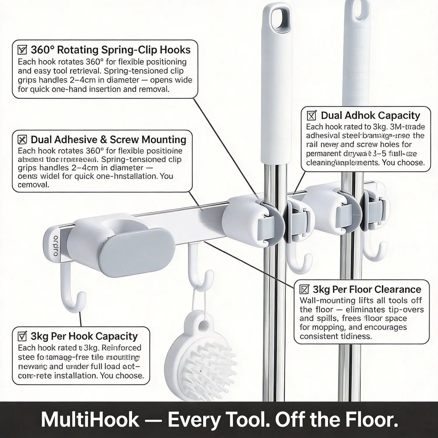 MultiHook Mop & Broom Wall Organizer – No-Drill Row Mount, Punch-Free Bathroom Storage Rail 3 Four key features annotated overview
