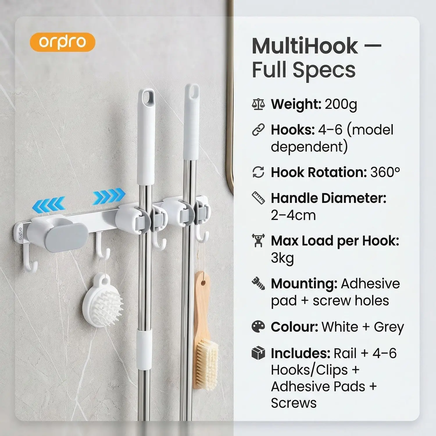 MultiHook Mop & Broom Wall Organizer – No-Drill Row Mount, Punch-Free Bathroom Storage Rail 5 Full specs card