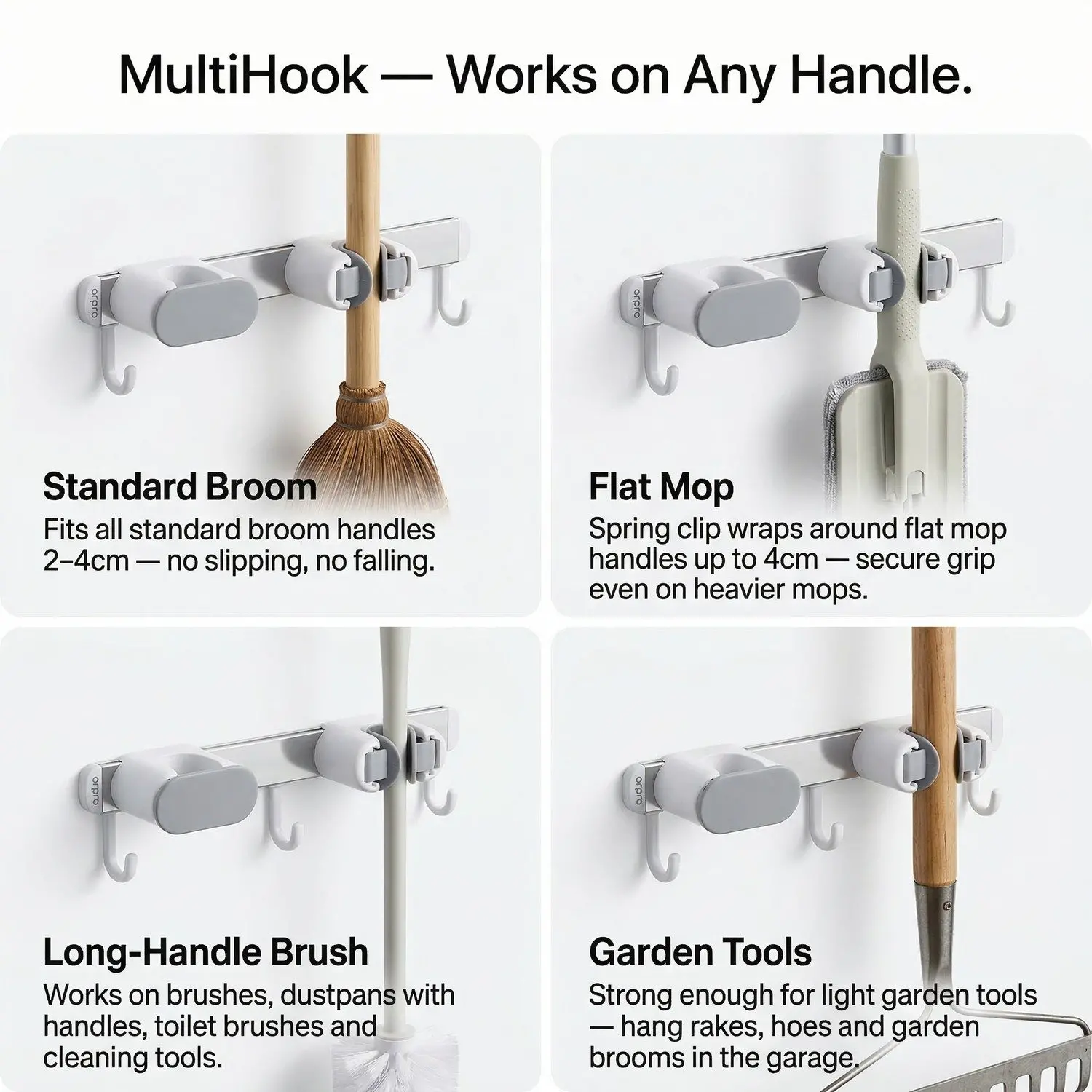 MultiHook Mop & Broom Wall Organizer – No-Drill Row Mount, Punch-Free Bathroom Storage Rail 4 Works on any handle — four tool types
