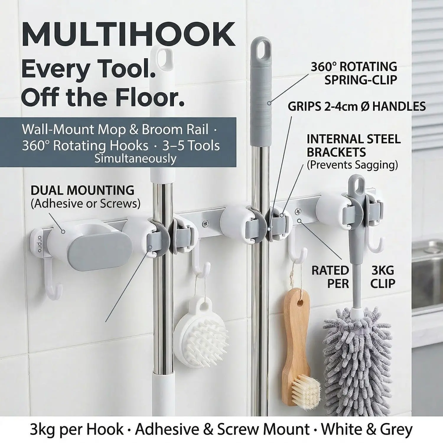 MultiHook Mop & Broom Wall Organizer – No-Drill Row Mount, Punch-Free Bathroom Storage Rail 7 Every Tool Always Ready — wall mounting