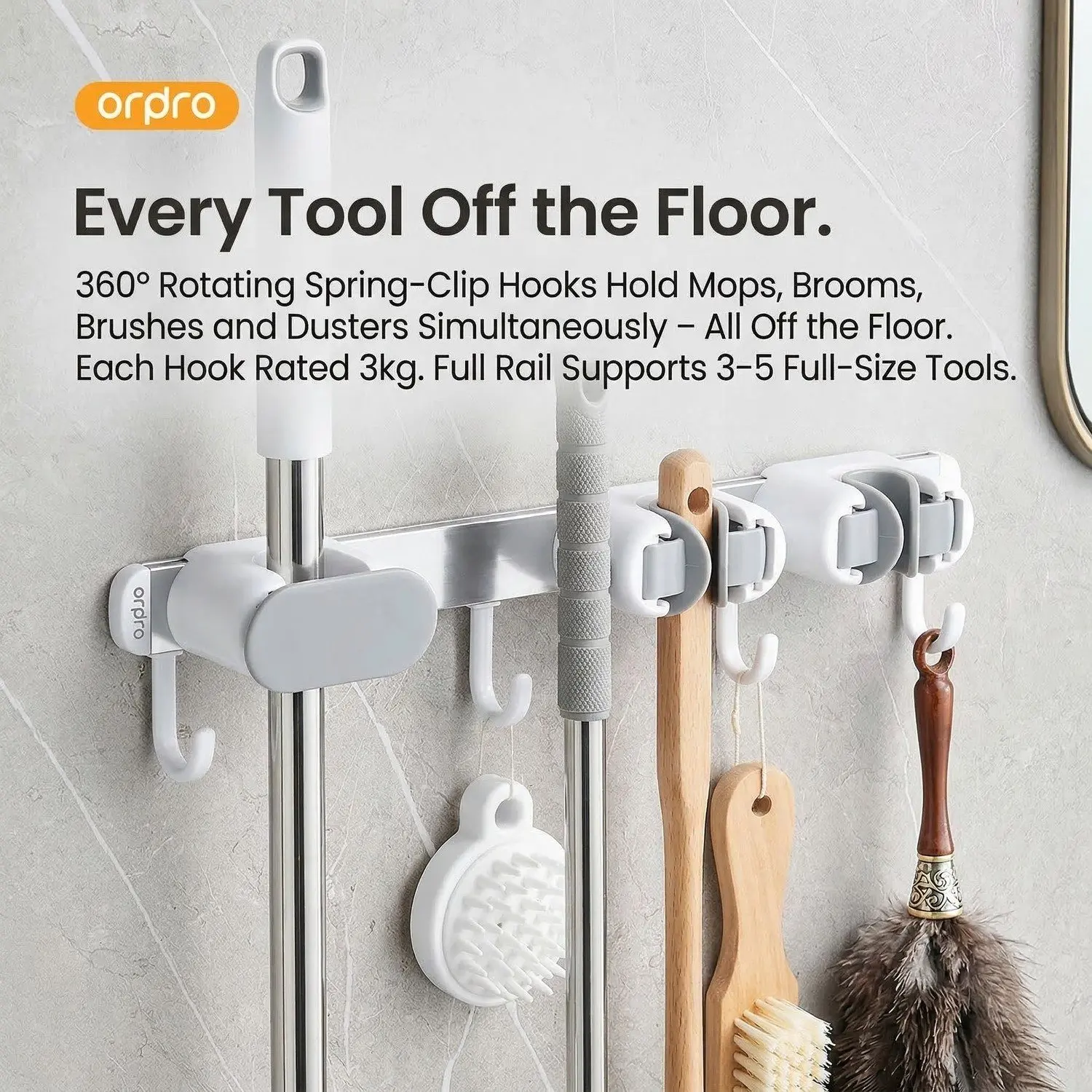 MultiHook Mop & Broom Wall Organizer – No-Drill Row Mount, Punch-Free Bathroom Storage Rail 9 MultiHook wall with 5 tools lifestyle