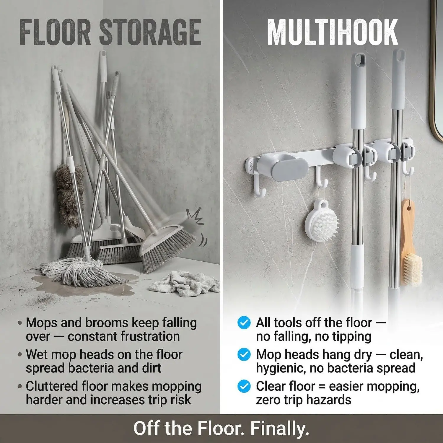 MultiHook Mop & Broom Wall Organizer – No-Drill Row Mount, Punch-Free Bathroom Storage Rail 8 Floor Storage vs MultiHook comparison