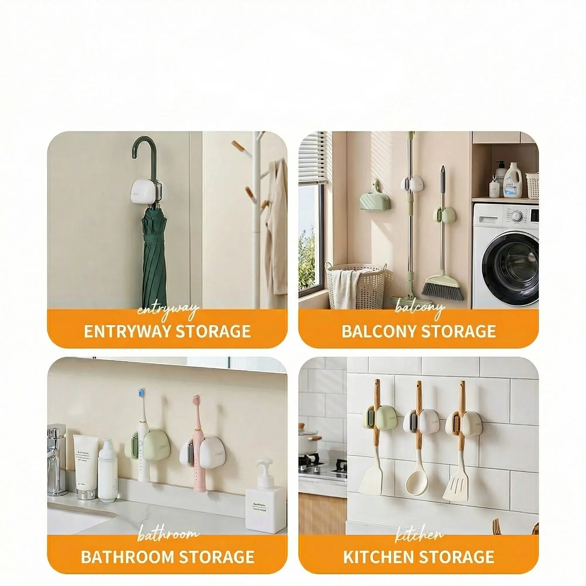 SucHold Single Mop Clip – No-Drill Suction Wall Mount, Heavy-Duty Broom & Mop Holder 7 4-scene lifestyle — entryway, balcony, bathroom, kitchen