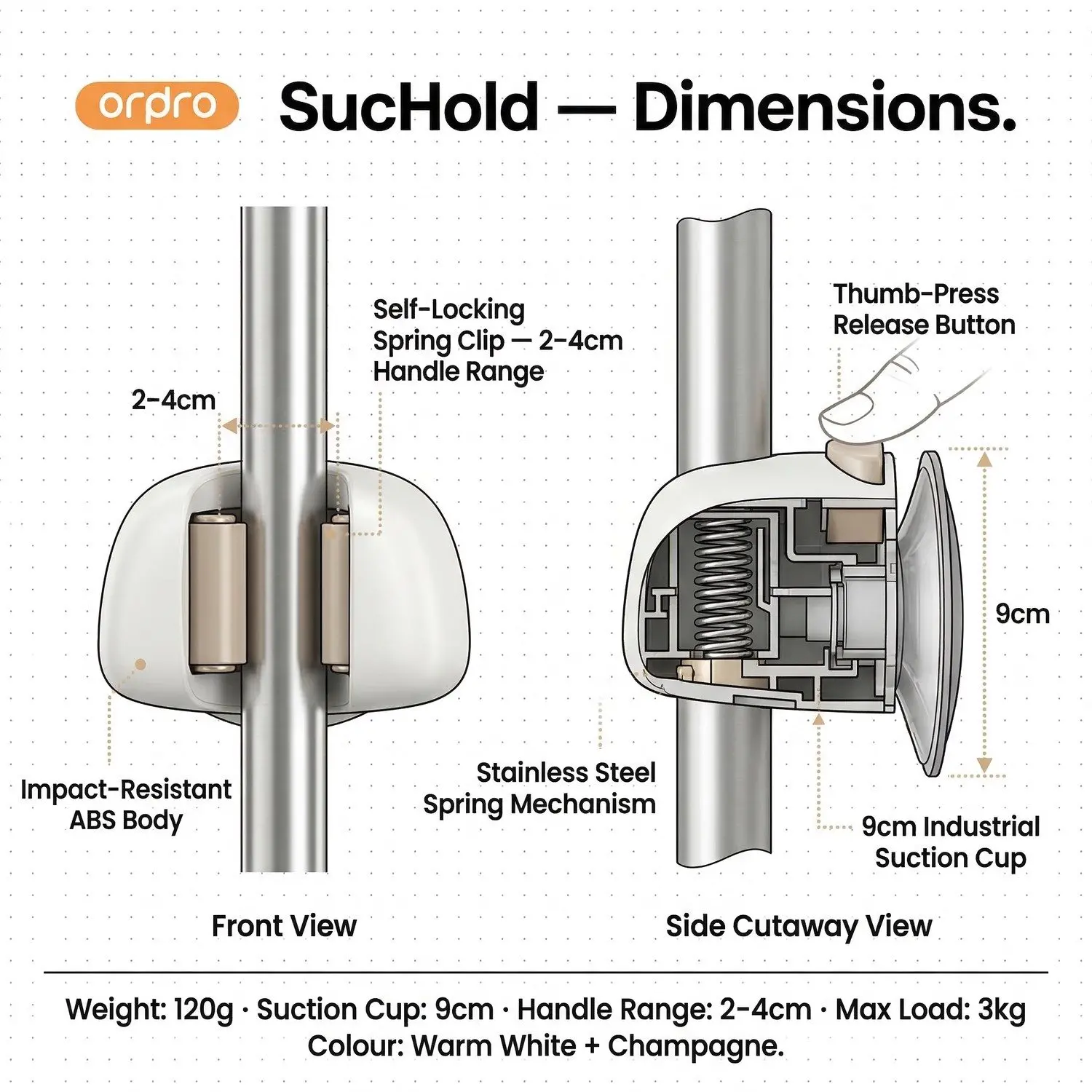 SucHold Single Mop Clip – No-Drill Suction Wall Mount, Heavy-Duty Broom & Mop Holder 10 SucHold dimensions and internal spring mechanism cutaway