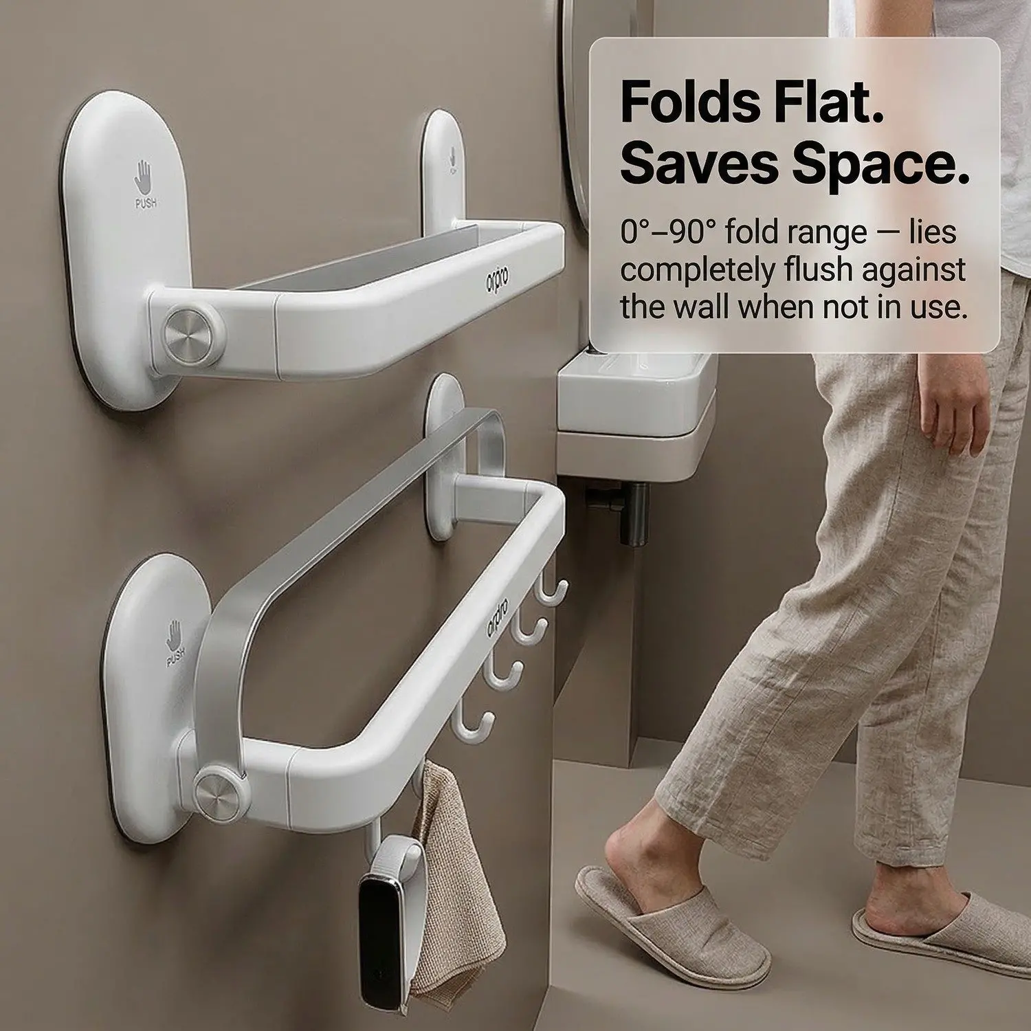 FlipBar Aluminium Towel Rack – No-Drill Suction Wall Mount, Foldable Up-Flip Bathroom Shelf 2 FlipBar hinge fold mechanism detail