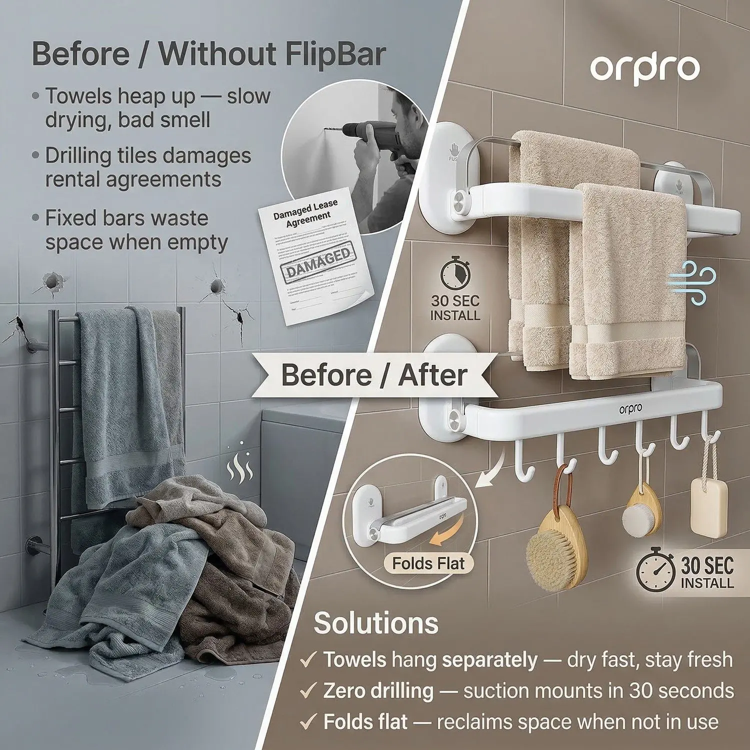 FlipBar Aluminium Towel Rack – No-Drill Suction Wall Mount, Foldable Up-Flip Bathroom Shelf 5 FlipBar as bathroom shelf with toiletries