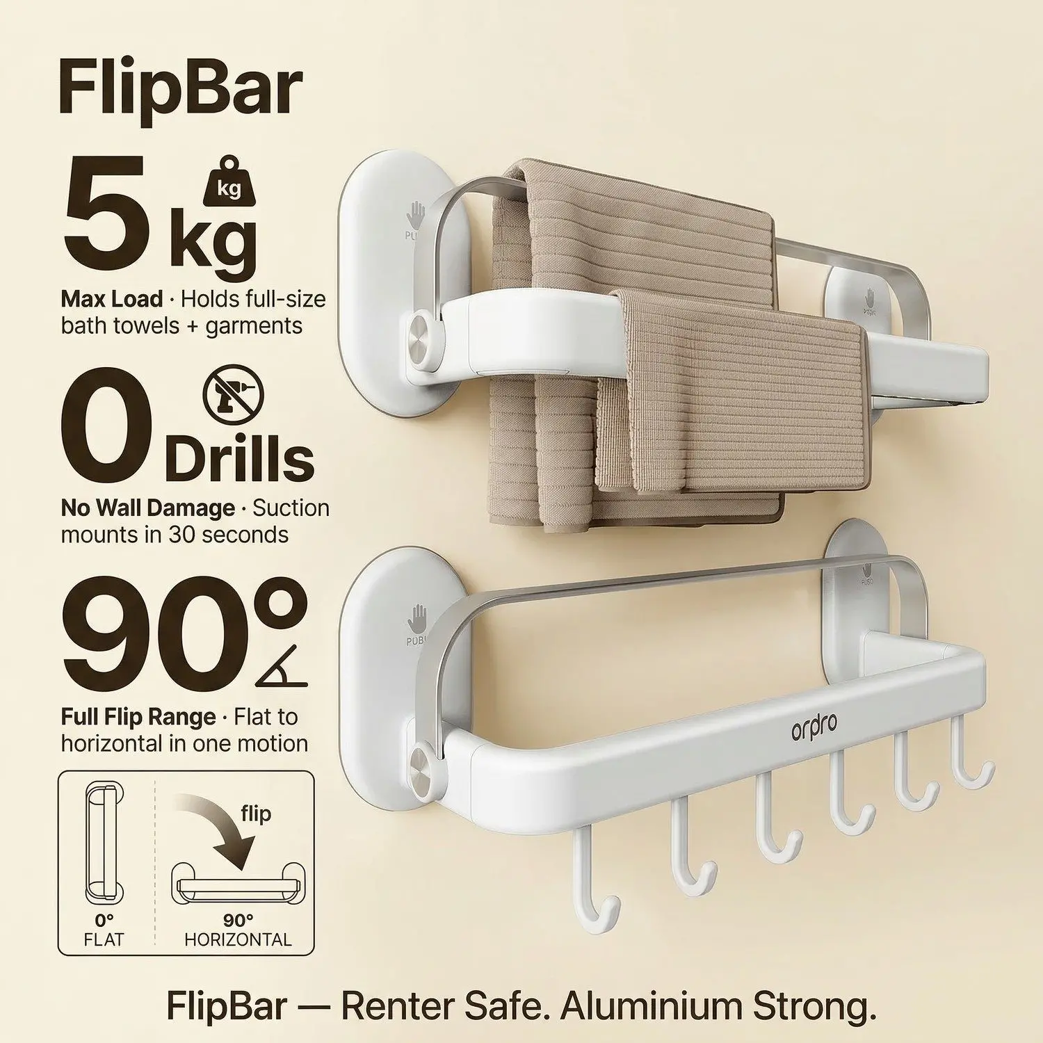 FlipBar Aluminium Towel Rack – No-Drill Suction Wall Mount, Foldable Up-Flip Bathroom Shelf 7 FlipBar lifestyle dark mood premium shot