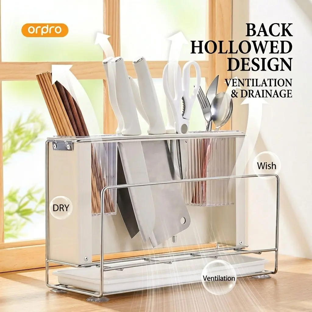 MagniStore Magnetic Wall Knife Rack – Multi-Function Kitchen Organizer with Chopstick Holder & Knife Block 4 Back Hollowed Design for Ventilation