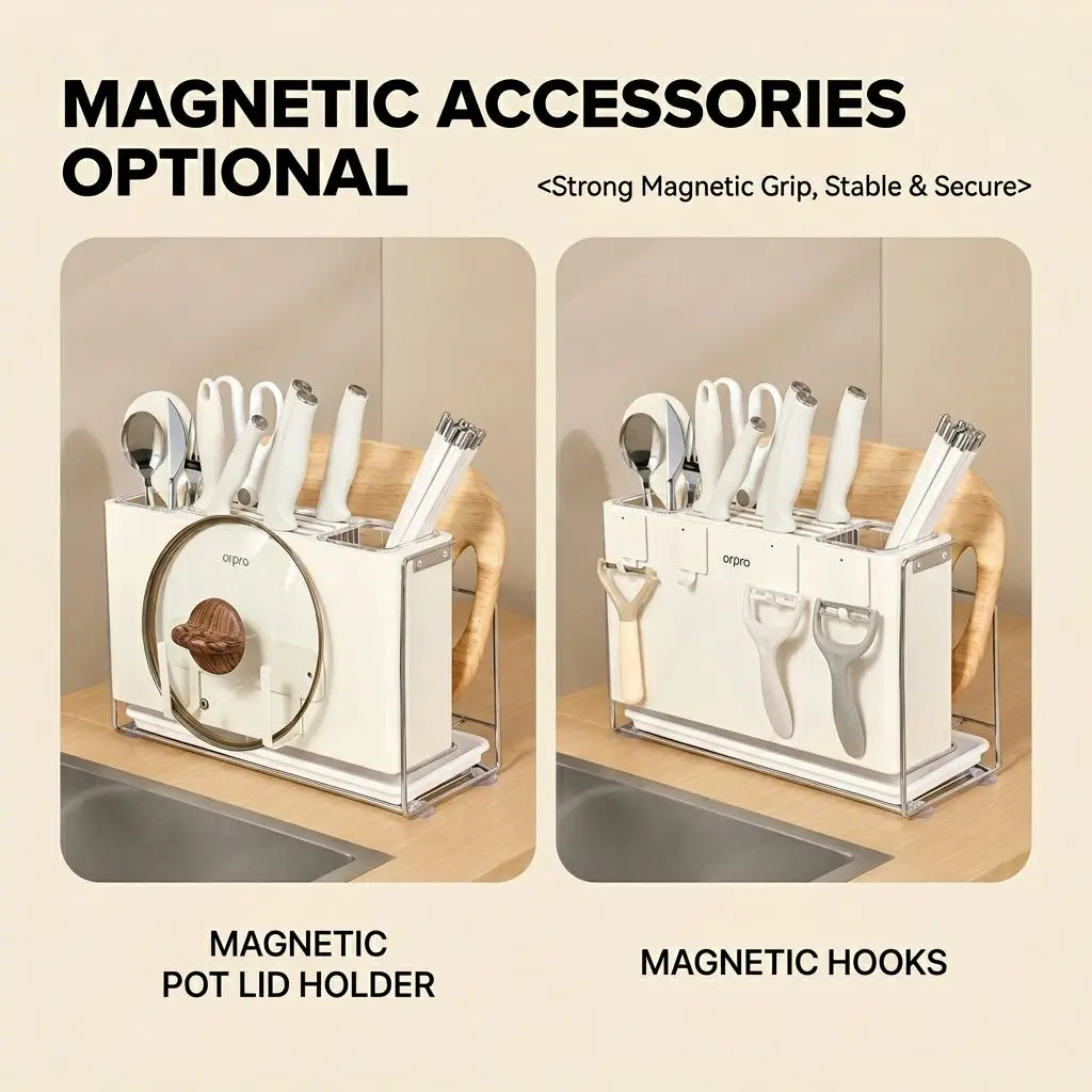 MagniStore Magnetic Wall Knife Rack – Multi-Function Kitchen Organizer with Chopstick Holder & Knife Block 2 Neodymium Magnet Strip