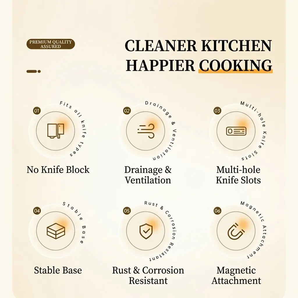 MagniStore Magnetic Wall Knife Rack – Multi-Function Kitchen Organizer with Chopstick Holder & Knife Block 5 Cleaner Kitchen Features