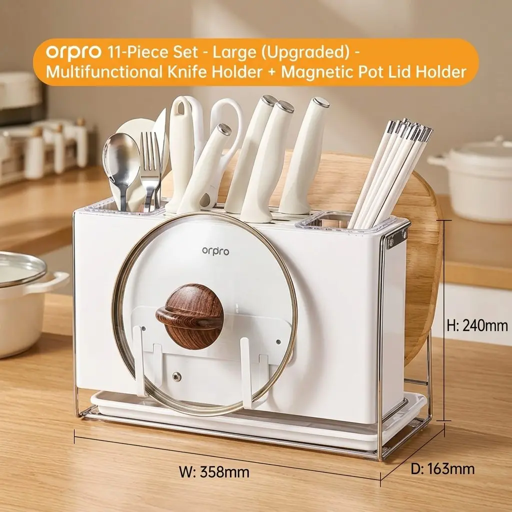 MagniStore Magnetic Wall Knife Rack – Multi-Function Kitchen Organizer with Chopstick Holder & Knife Block 9 MagniStore Large Set Upgraded