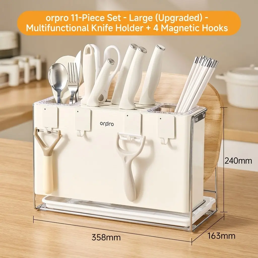 MagniStore Magnetic Wall Knife Rack – Multi-Function Kitchen Organizer with Chopstick Holder & Knife Block 3 Chopstick and Utensil Slots