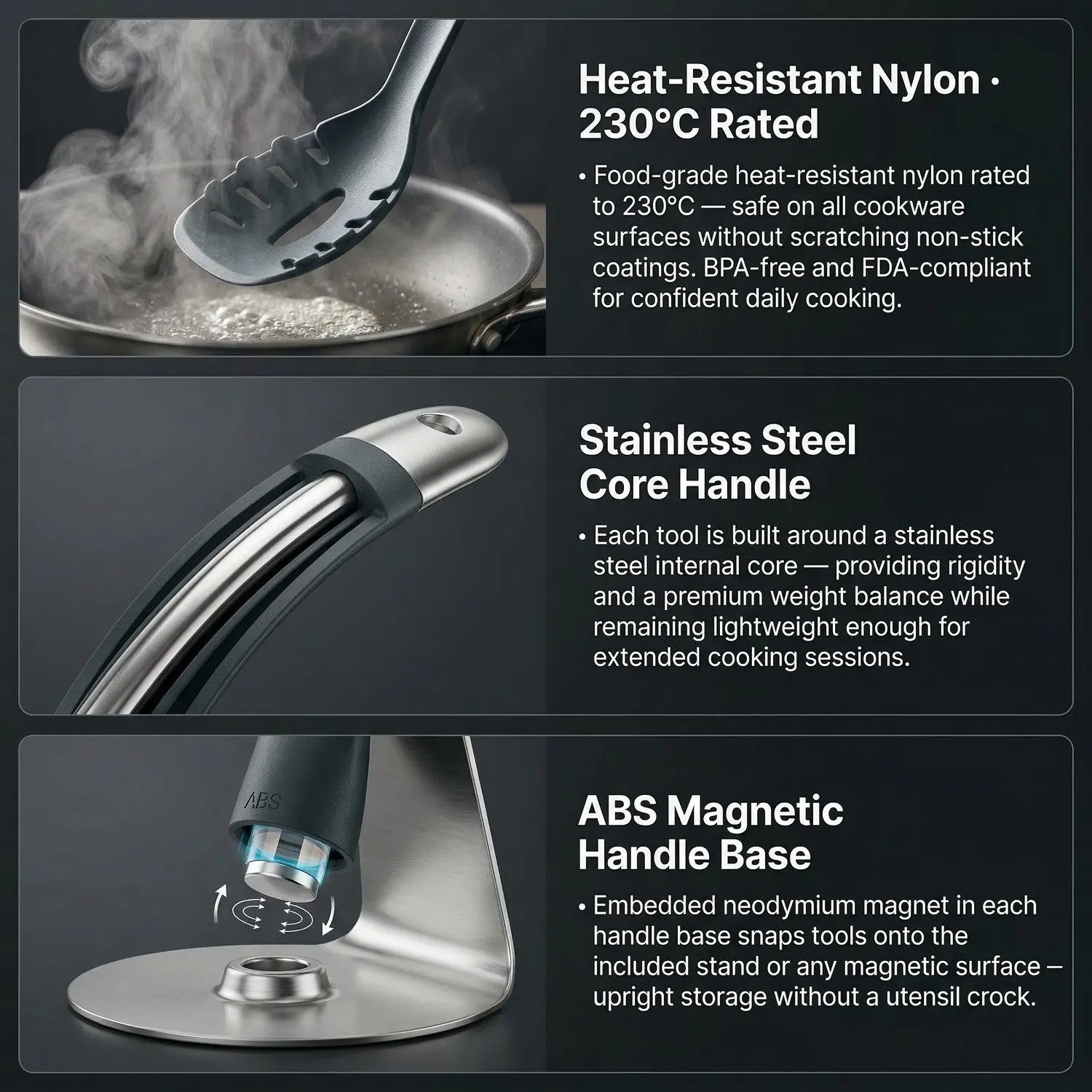 NordCook Magnetic 6-Piece Kitchen Utensil Set – Minimalist Cooking Tools, Heat-Resistant Nylon 3 230°C Heat-Resistant Nylon Heads