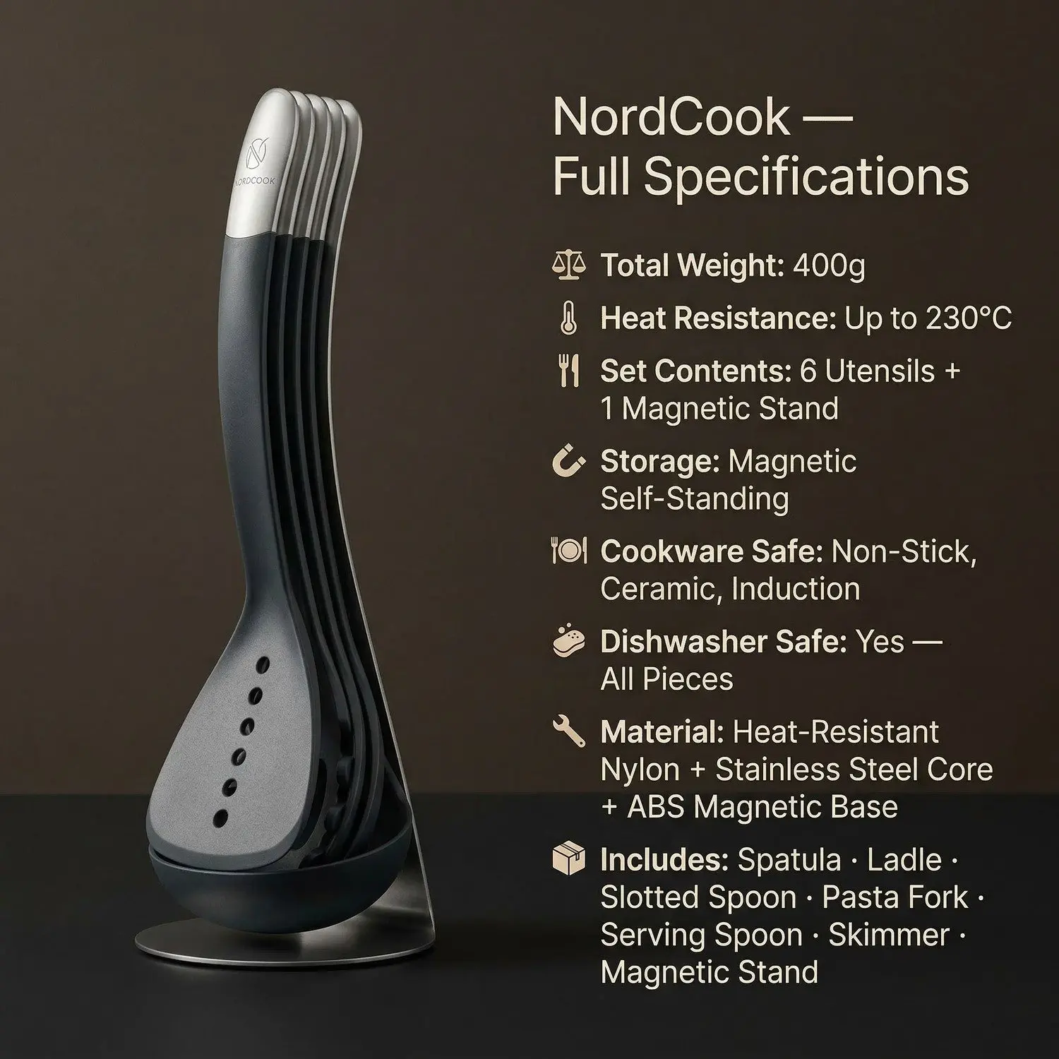 NordCook Magnetic 6-Piece Kitchen Utensil Set – Minimalist Cooking Tools, Heat-Resistant Nylon 4 Nordic Minimalist Design