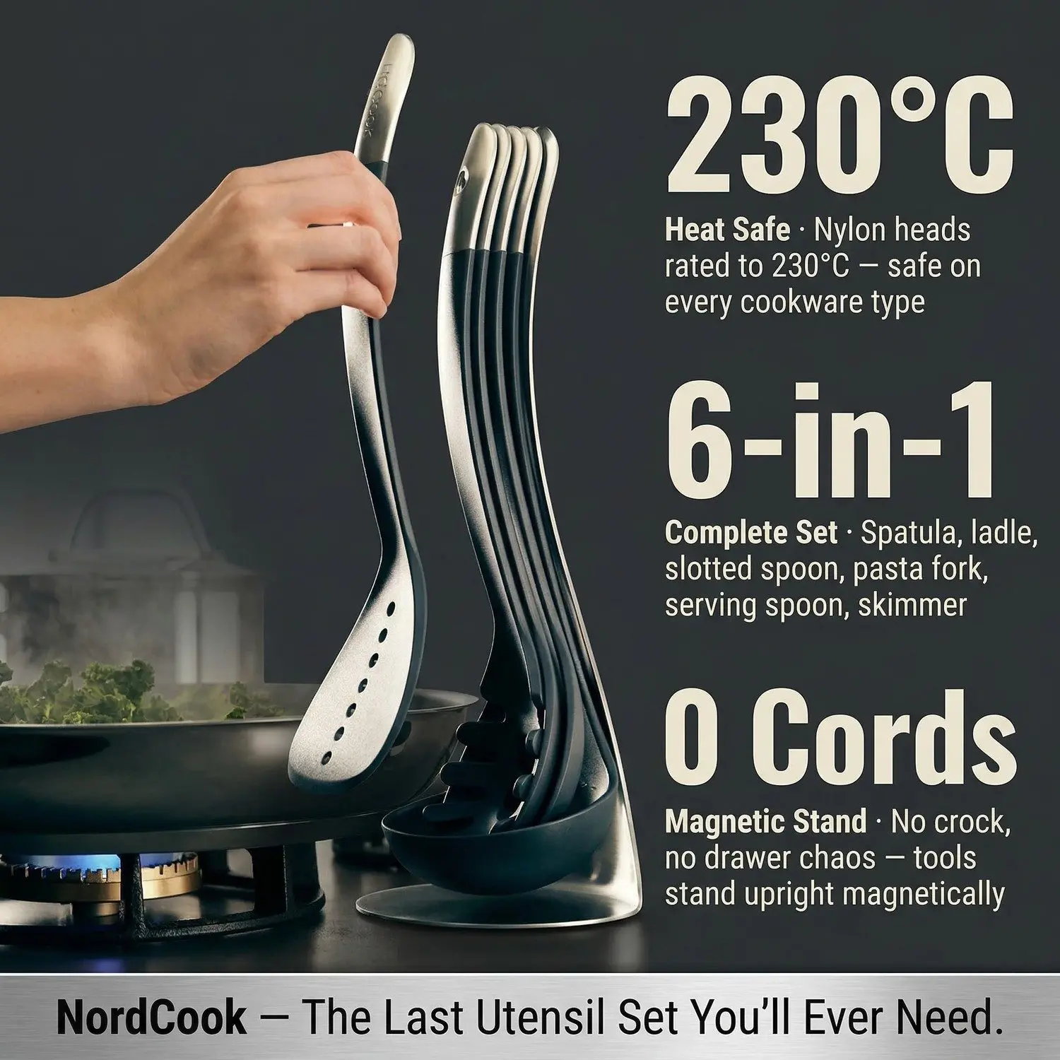 NordCook Magnetic 6-Piece Kitchen Utensil Set – Minimalist Cooking Tools, Heat-Resistant Nylon 7 Magnetic utensil storage in action
