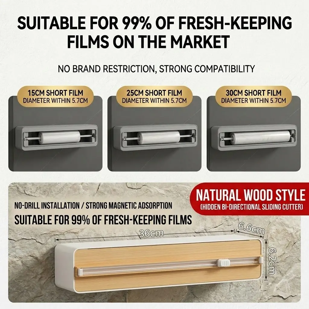 MagCut Magnetic Cling Film Cutter – Fridge Mount, Wall-Stick Dispenser Box for Kitchen Wrap 2 Magnetic Fridge Mount