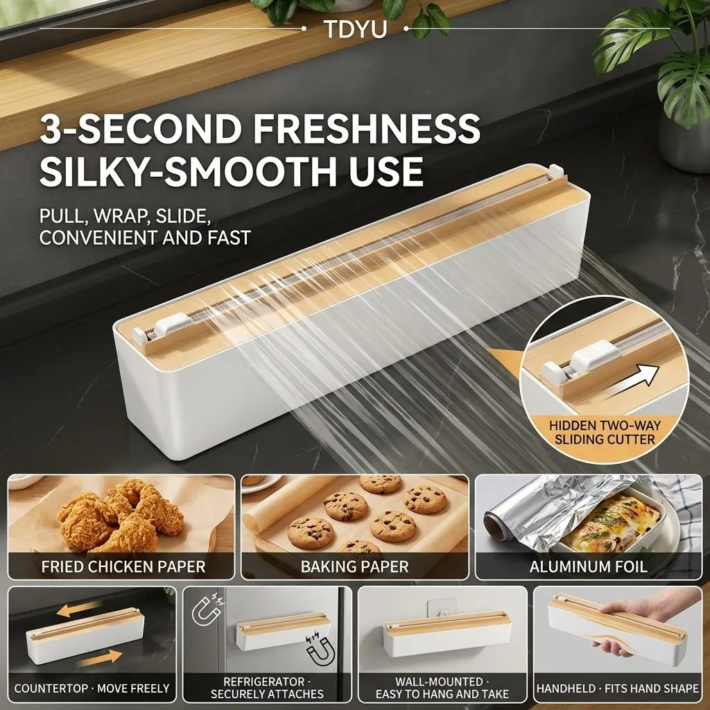 MagCut Magnetic Cling Film Cutter – Fridge Mount, Wall-Stick Dispenser Box for Kitchen Wrap 4 Universal Roll Fit