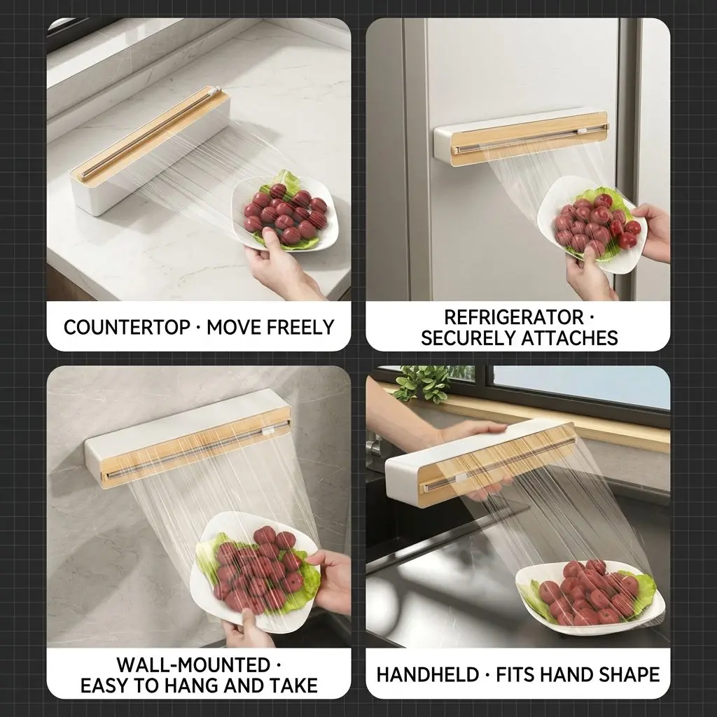 MagCut Magnetic Cling Film Cutter – Fridge Mount, Wall-Stick Dispenser Box for Kitchen Wrap 5 Dual Mount Options