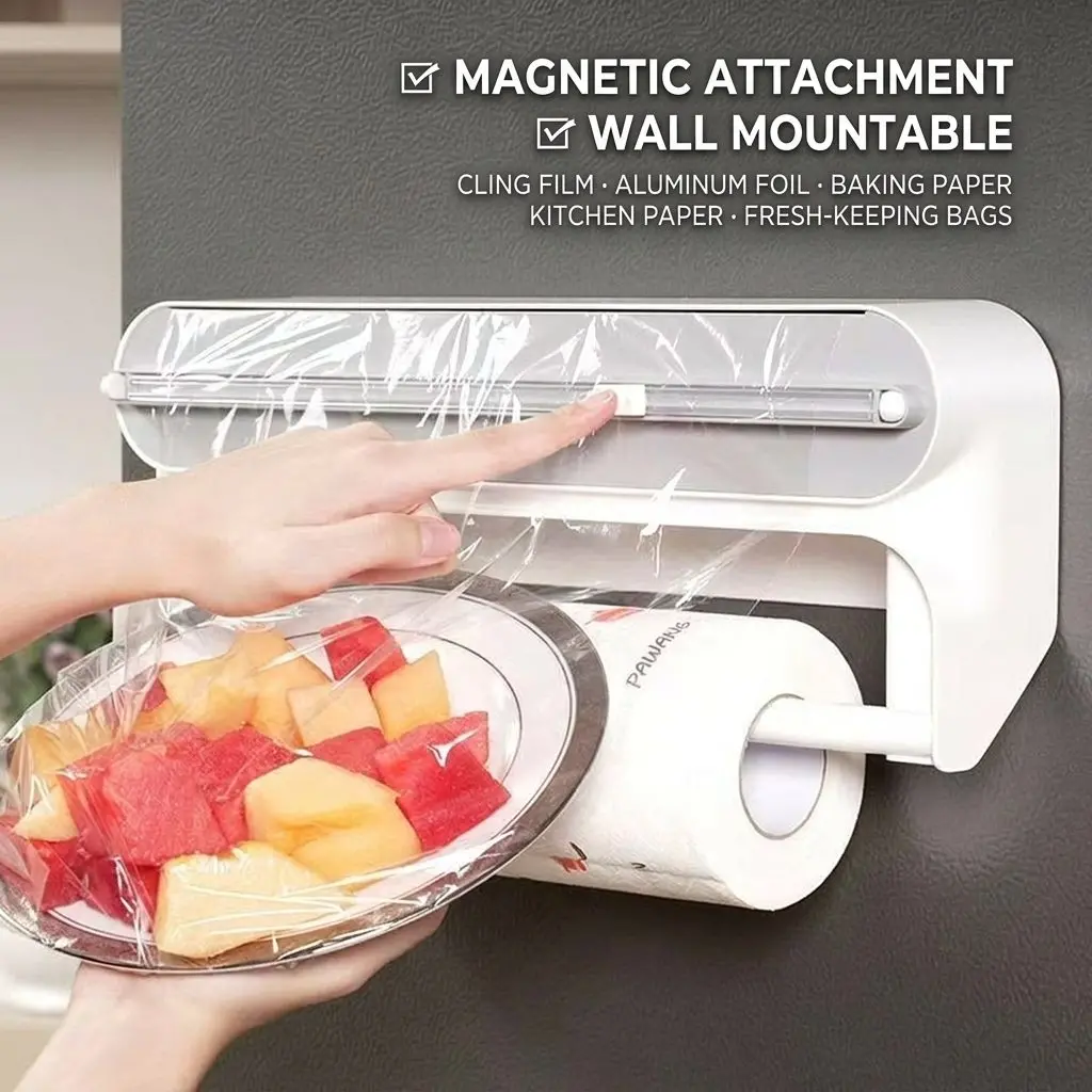 MagCut Magnetic Cling Film Cutter – Fridge Mount, Wall-Stick Dispenser Box for Kitchen Wrap 8 Serrated blade cutting cling film