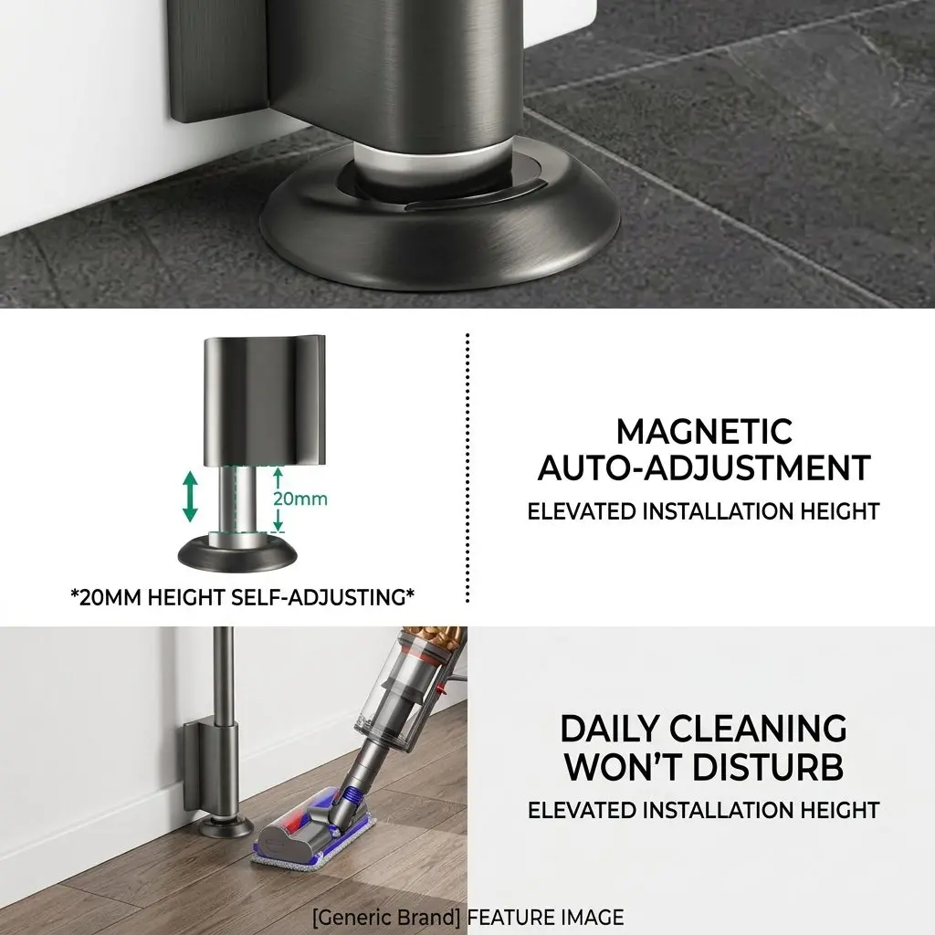 MagStop Invisible Magnetic Door Stopper – No-Drill Floor Mount, Silent Anti-Collision Door Hold 5 8 Colour Options infographic