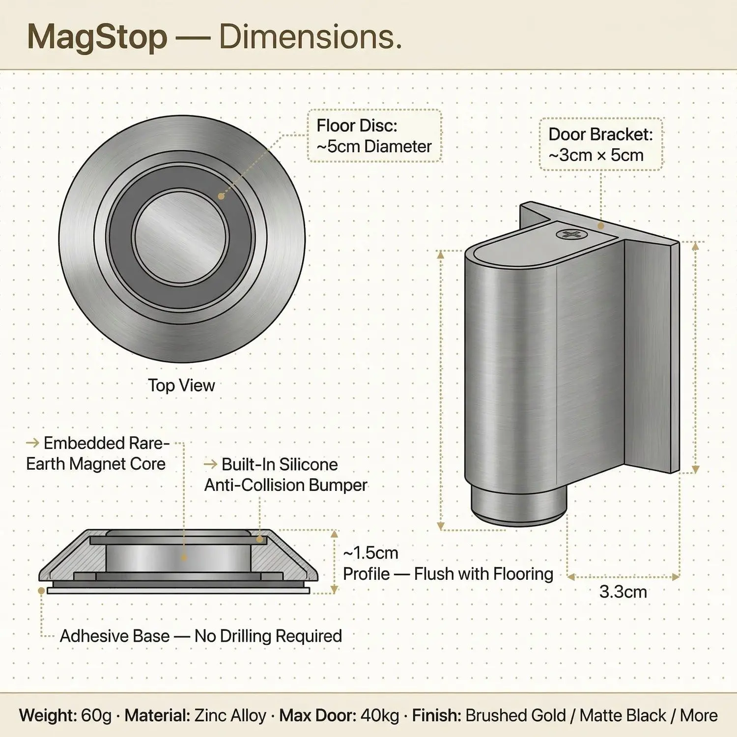 MagStop Invisible Magnetic Door Stopper – No-Drill Floor Mount, Silent Anti-Collision Door Hold 9 MagStop dimensions and size chart