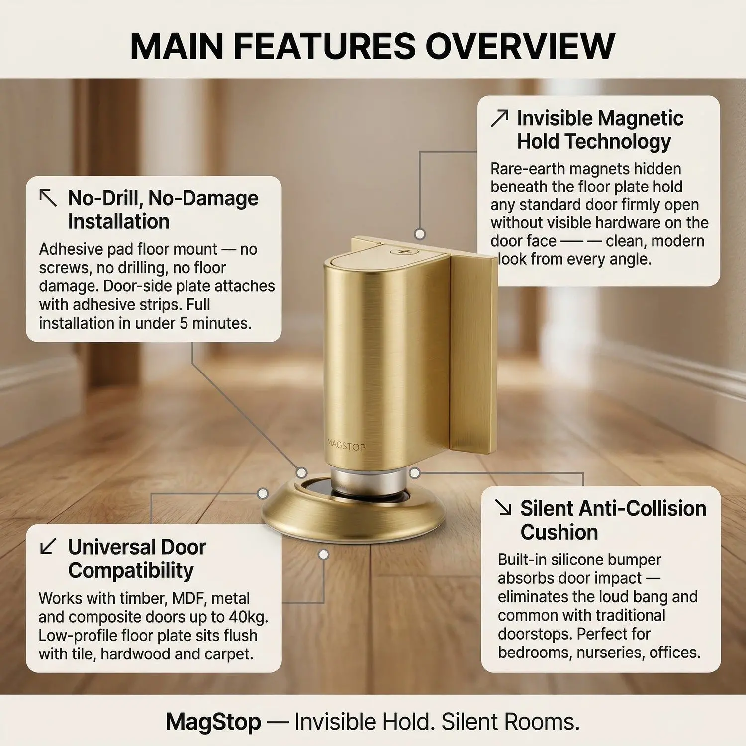 MagStop Invisible Magnetic Door Stopper – No-Drill Floor Mount, Silent Anti-Collision Door Hold 8 MagStop feature detail — adhesive no-drill