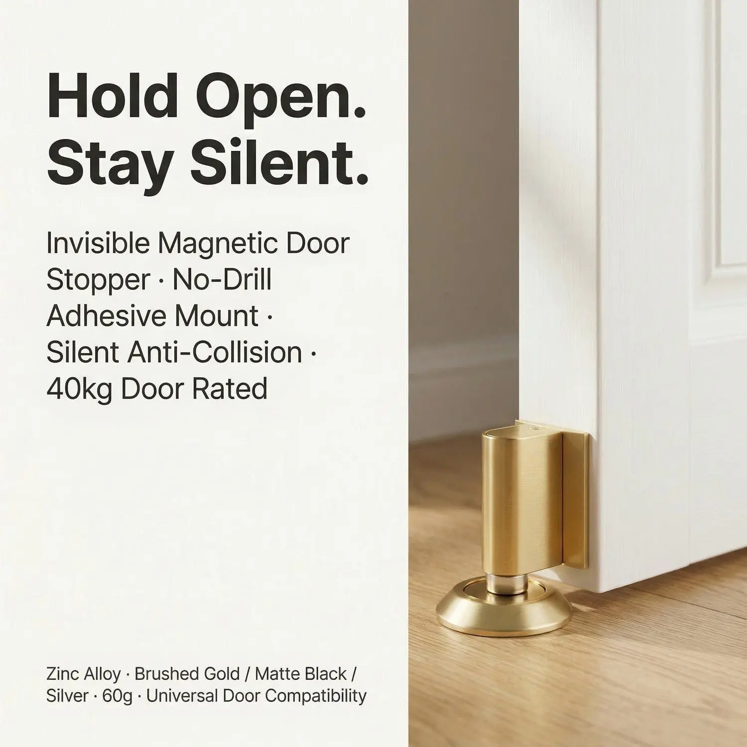 MagStop Invisible Magnetic Door Stopper – No-Drill Floor Mount, Silent Anti-Collision Door Hold 1 MagStop Magnetic Door Stopper Hero